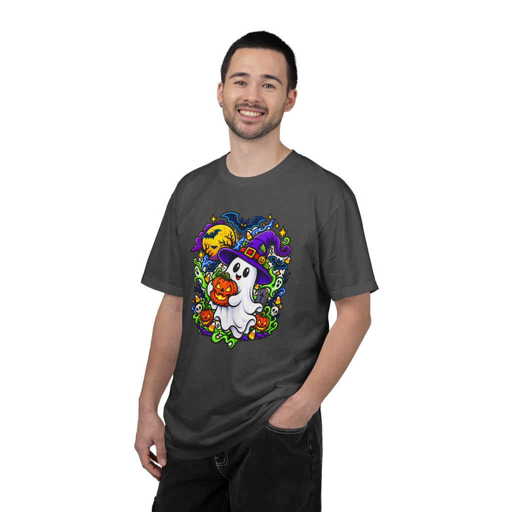 Unisex Halloween Ghost & Pumpkin Tee | Vibrant Spooky Adult Shirt