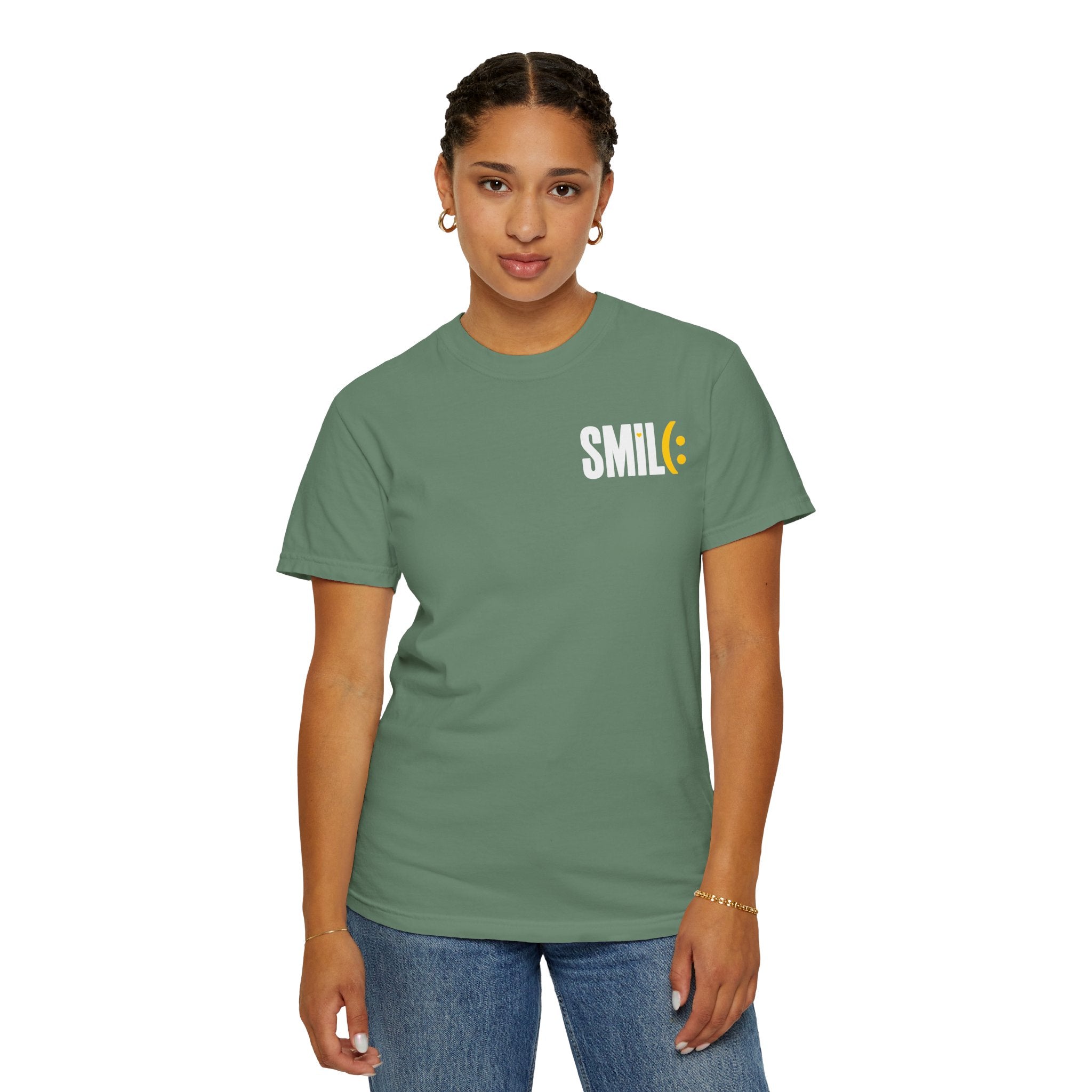 SMIL(: IT’S FREE. White & Yellow Front-and-Back Garment-Dyed Tee