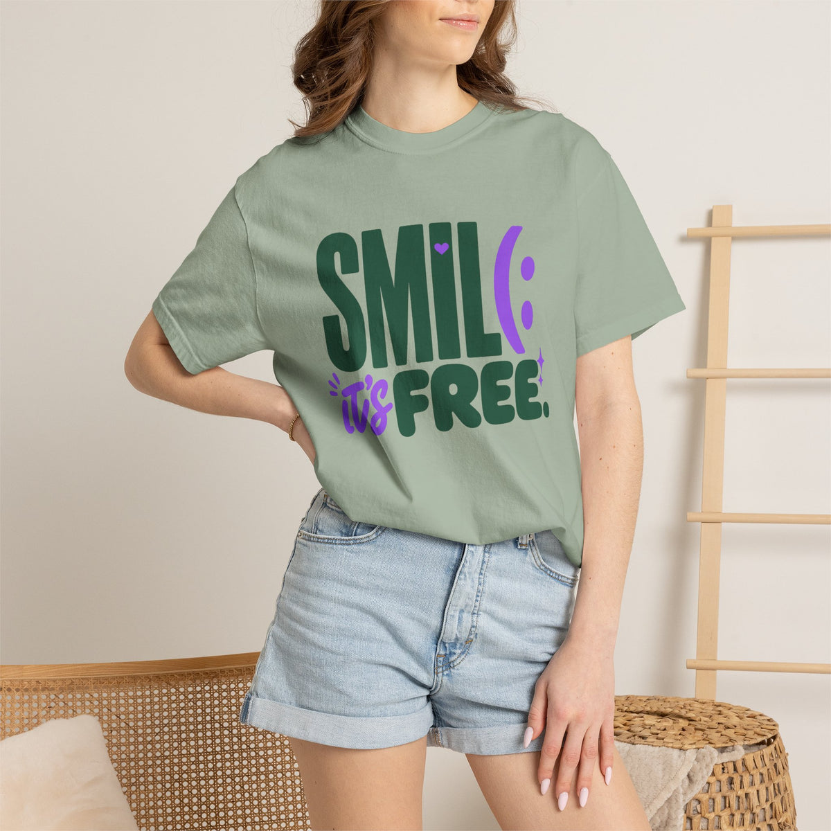 SMIL(: IT’S FREE. Forest Green & Purple Garment-Dyed Graphic Tee