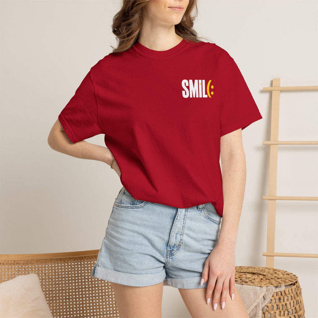 SMIL(: IT’S FREE. White & Yellow Front-and-Back Garment-Dyed Tee