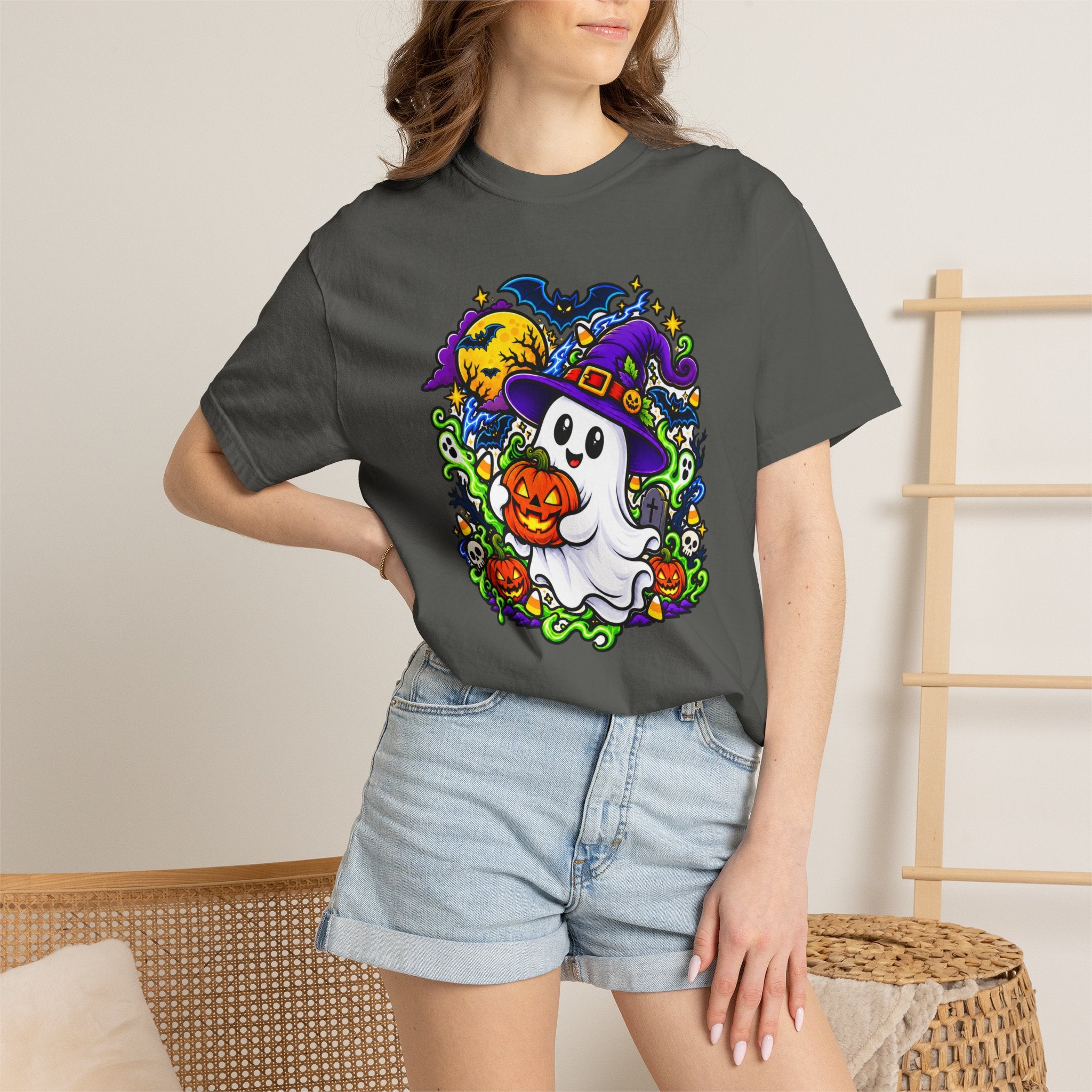 Unisex Halloween Ghost & Pumpkin Tee | Vibrant Spooky Adult Shirt