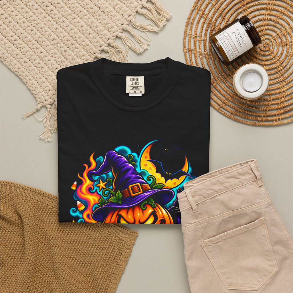 Unisex Halloween Pumpkin & Black Cat T-Shirt | Colorful Spooky Adult Tee