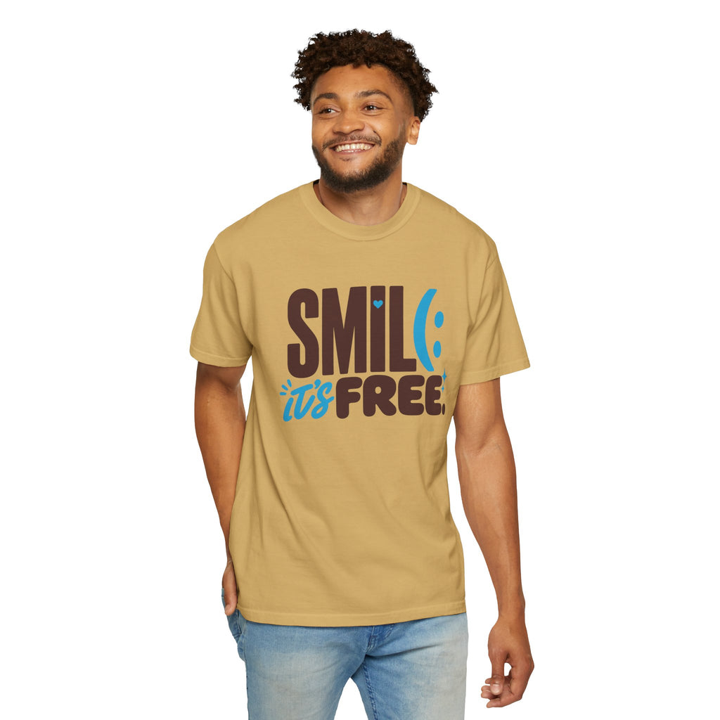SMIL(: IT’S FREE. Brown & Bright Blue Garment-Dyed Graphic Tee