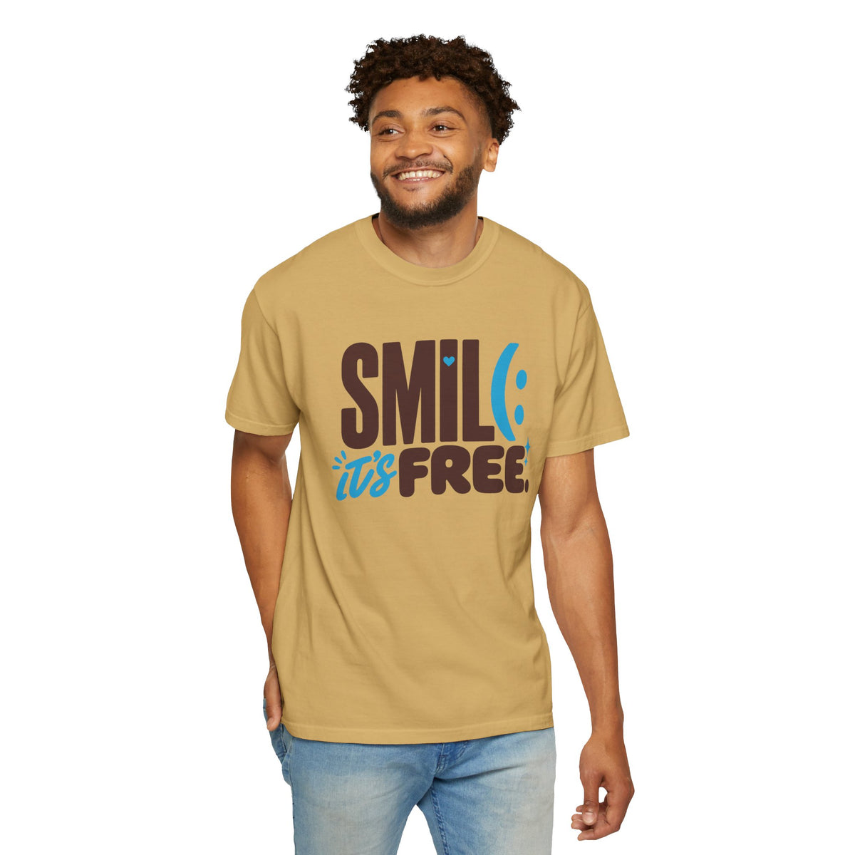 SMIL(: IT’S FREE. Brown & Bright Blue Garment-Dyed Graphic Tee