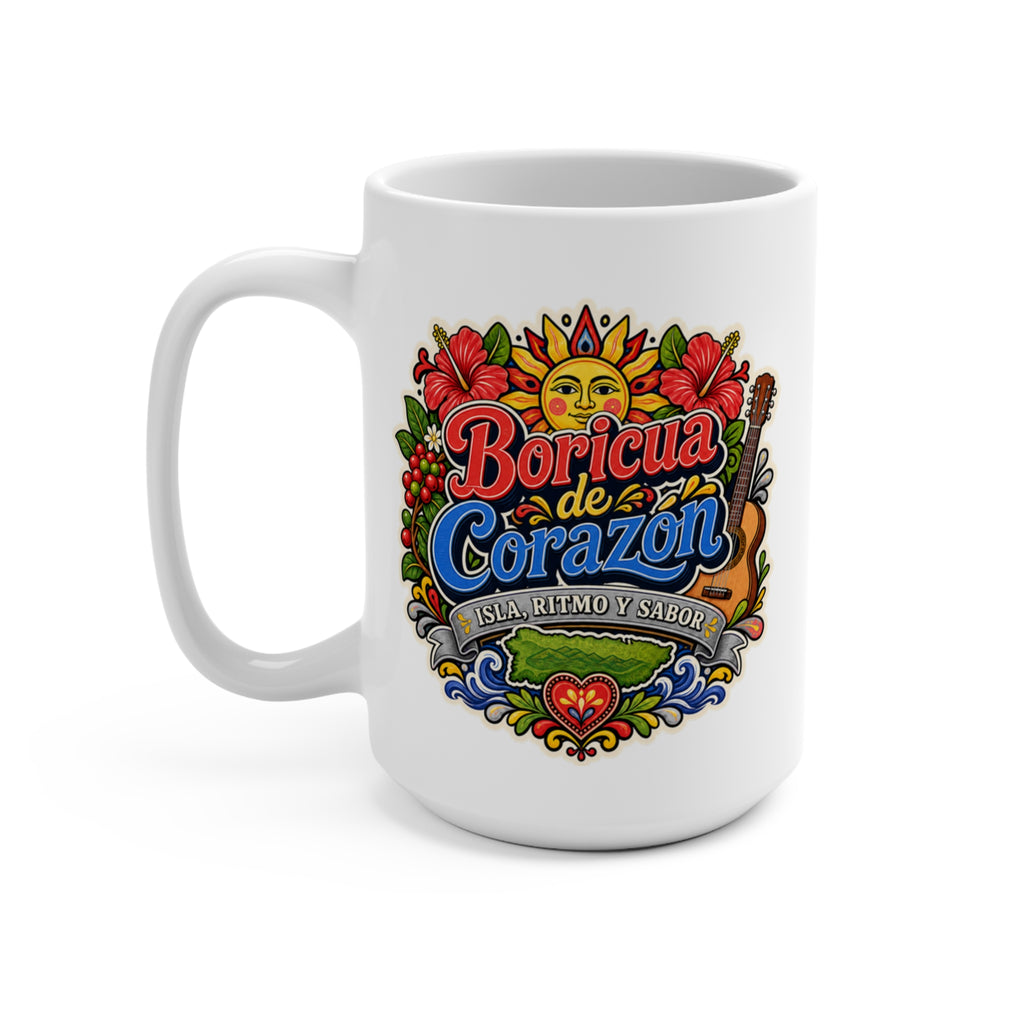 Boricua de Corazón Mug - Isla Ritmo y Sabor Coffee Cup - Puerto Rican Pride Gift for Boricuas, Families and Music Lovers