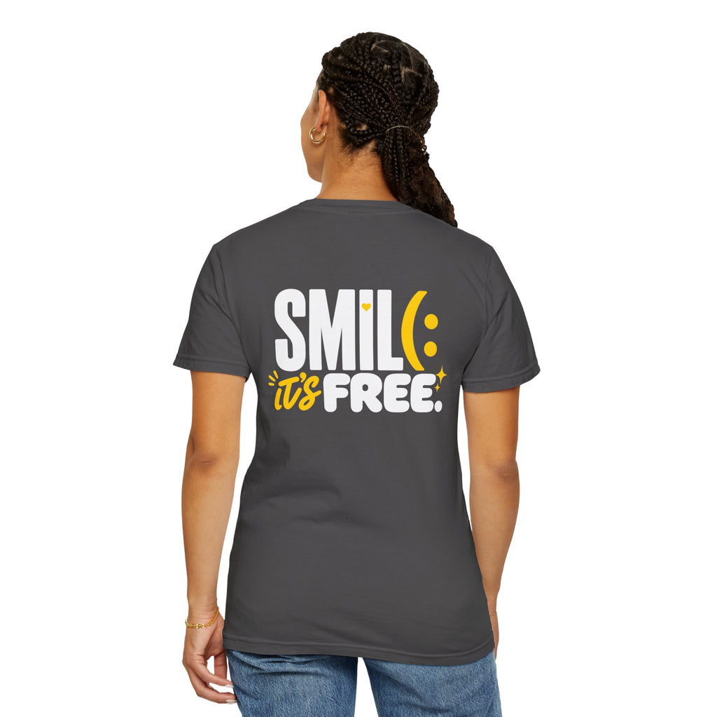 SMIL(: IT’S FREE. White & Yellow Front-and-Back Garment-Dyed Tee