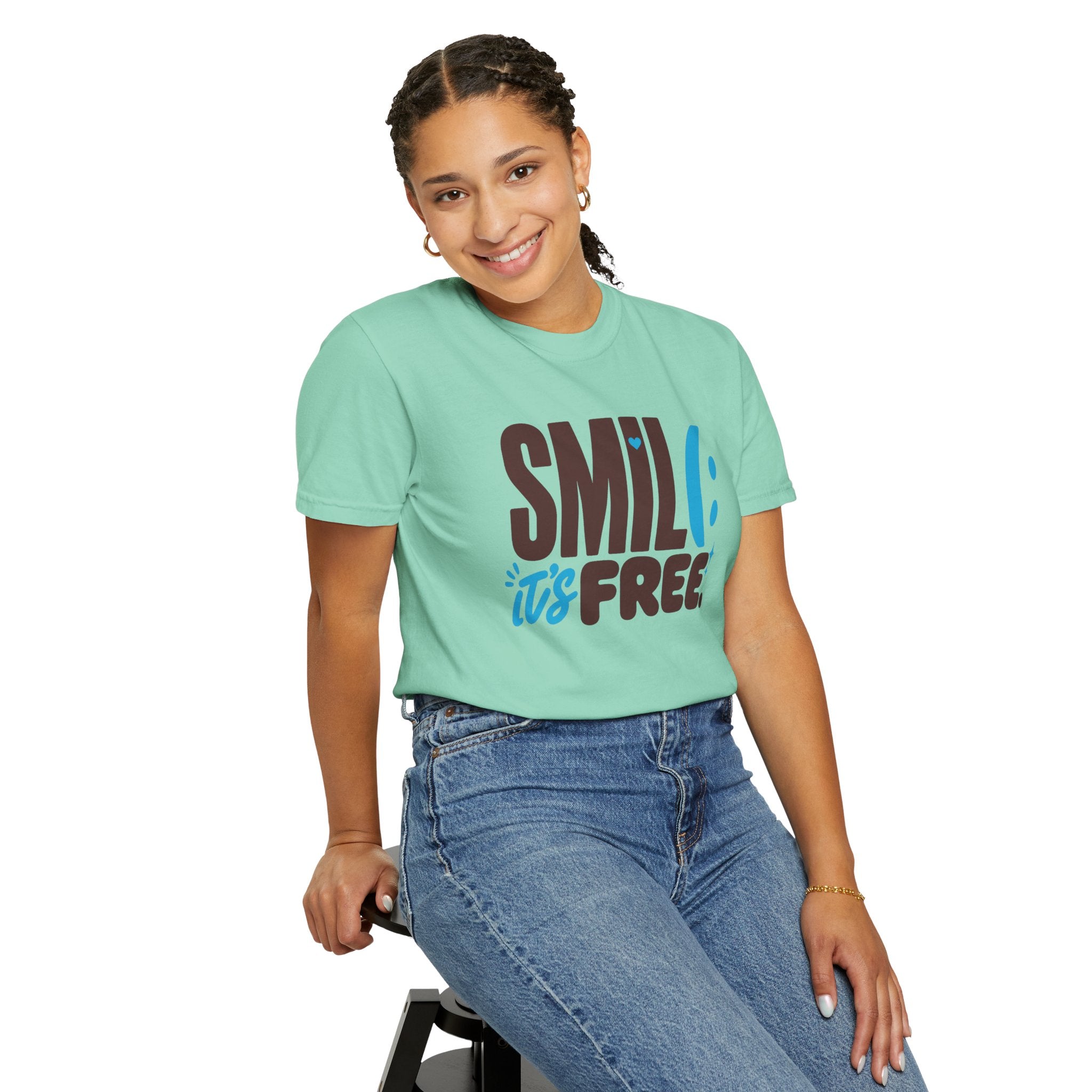 SMIL(: IT’S FREE. Brown & Bright Blue Garment-Dyed Graphic Tee