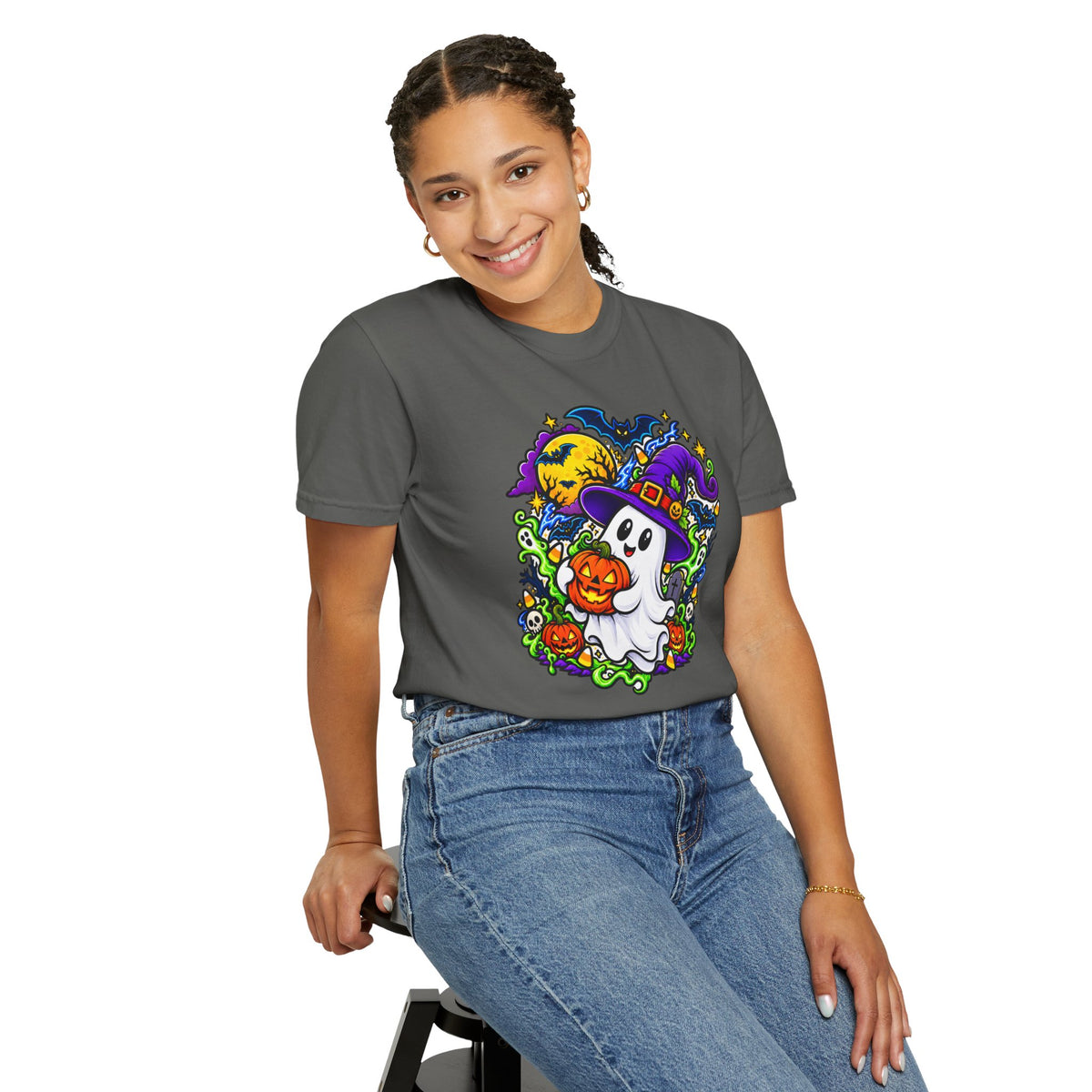 Unisex Halloween Ghost & Pumpkin Tee | Vibrant Spooky Adult Shirt