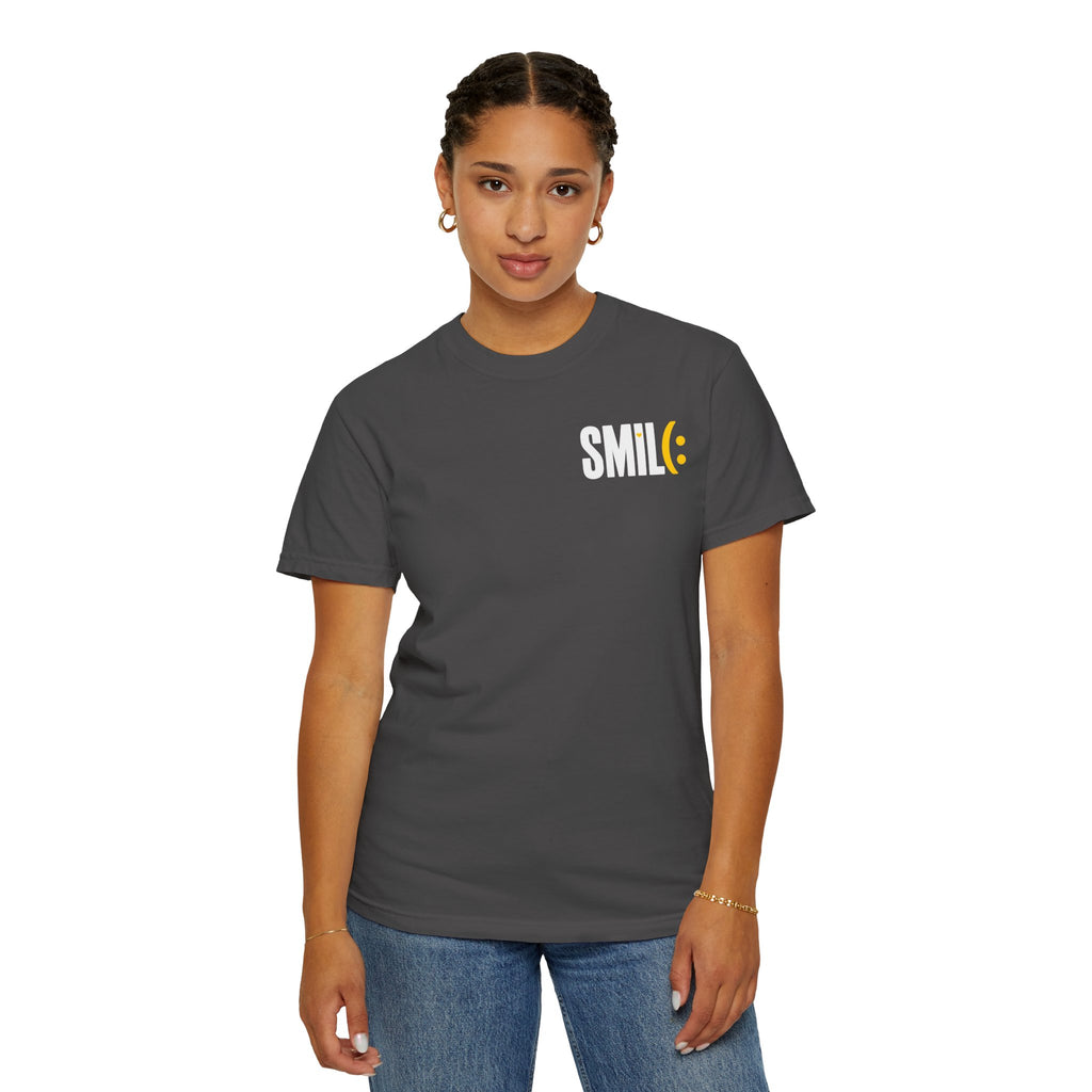 SMIL(: IT’S FREE. White & Yellow Front-and-Back Garment-Dyed Tee