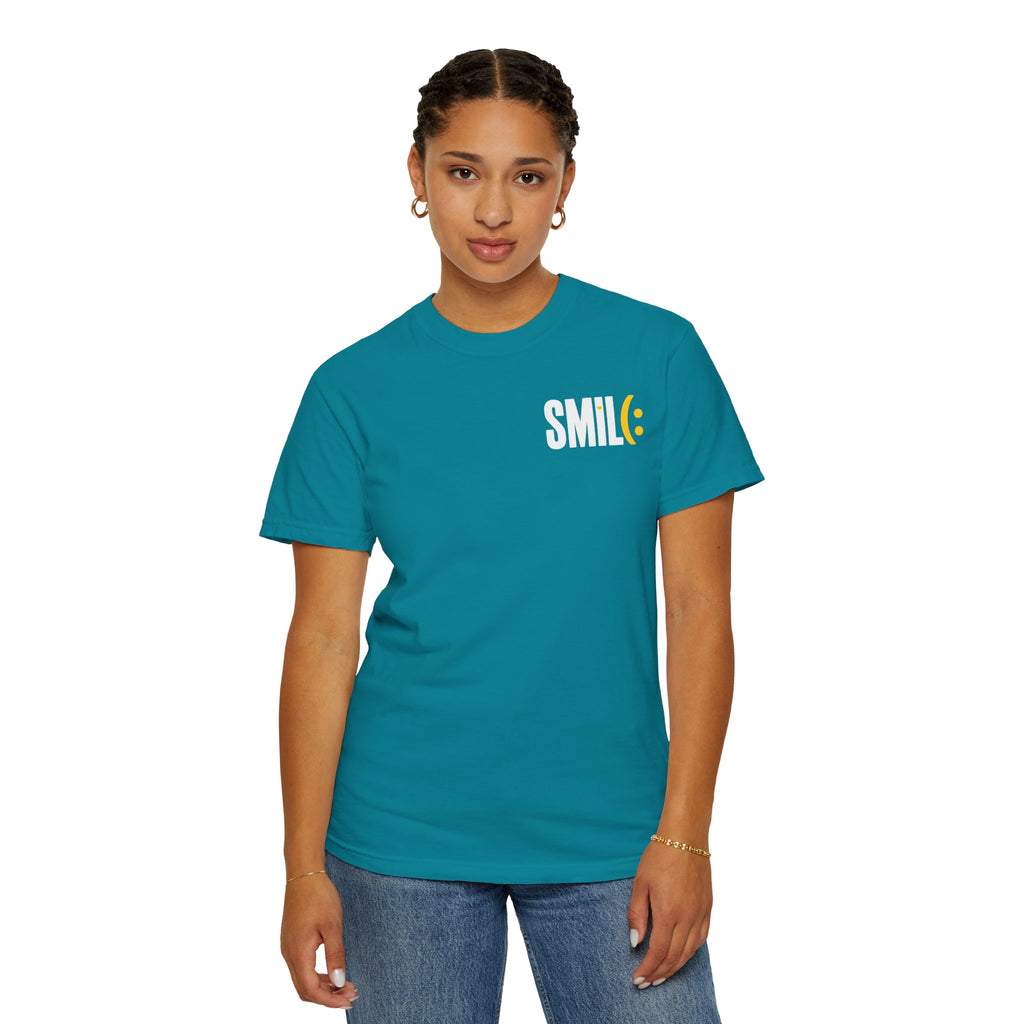 SMIL(: IT’S FREE. White & Yellow Front-and-Back Garment-Dyed Tee
