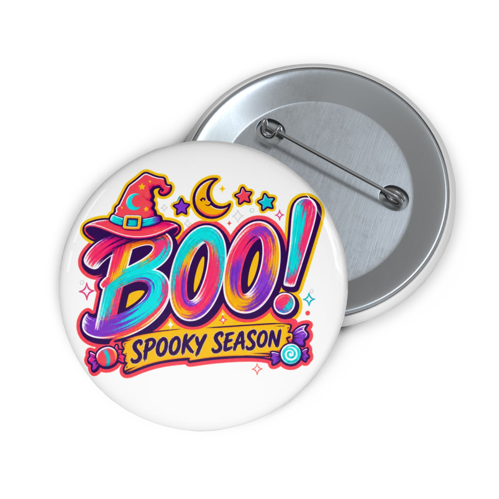 BOO Halloween Button Pin, Colorful Spooky Season Witch Hat Badge