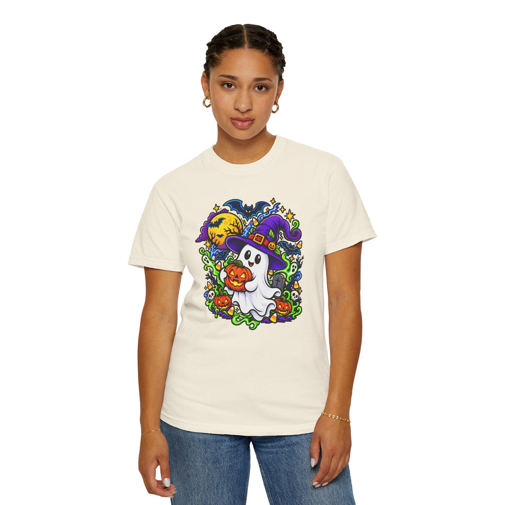 Unisex Halloween Ghost & Pumpkin Tee | Vibrant Spooky Adult Shirt