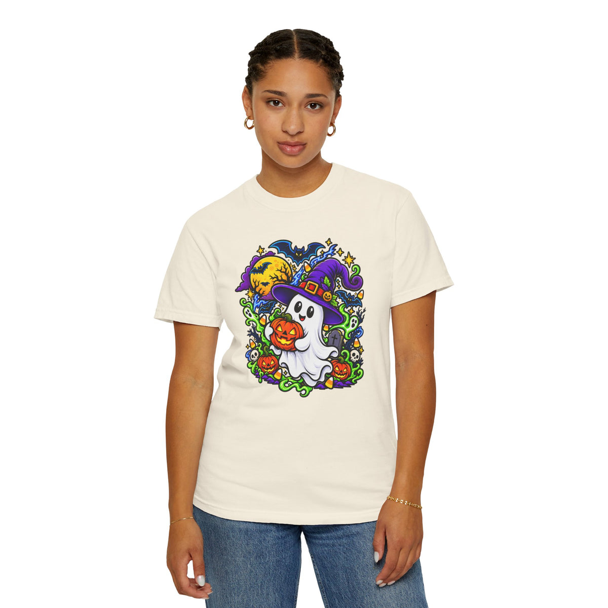 Unisex Halloween Ghost & Pumpkin Tee | Vibrant Spooky Adult Shirt