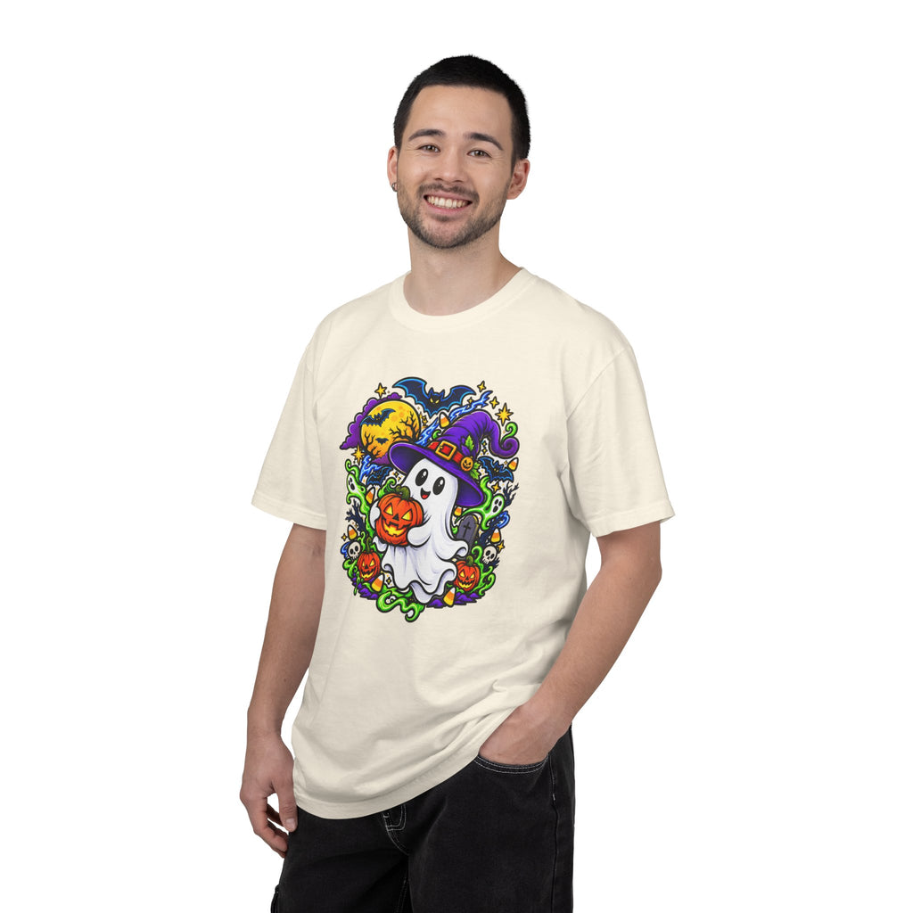 Unisex Halloween Ghost & Pumpkin Tee | Vibrant Spooky Adult Shirt