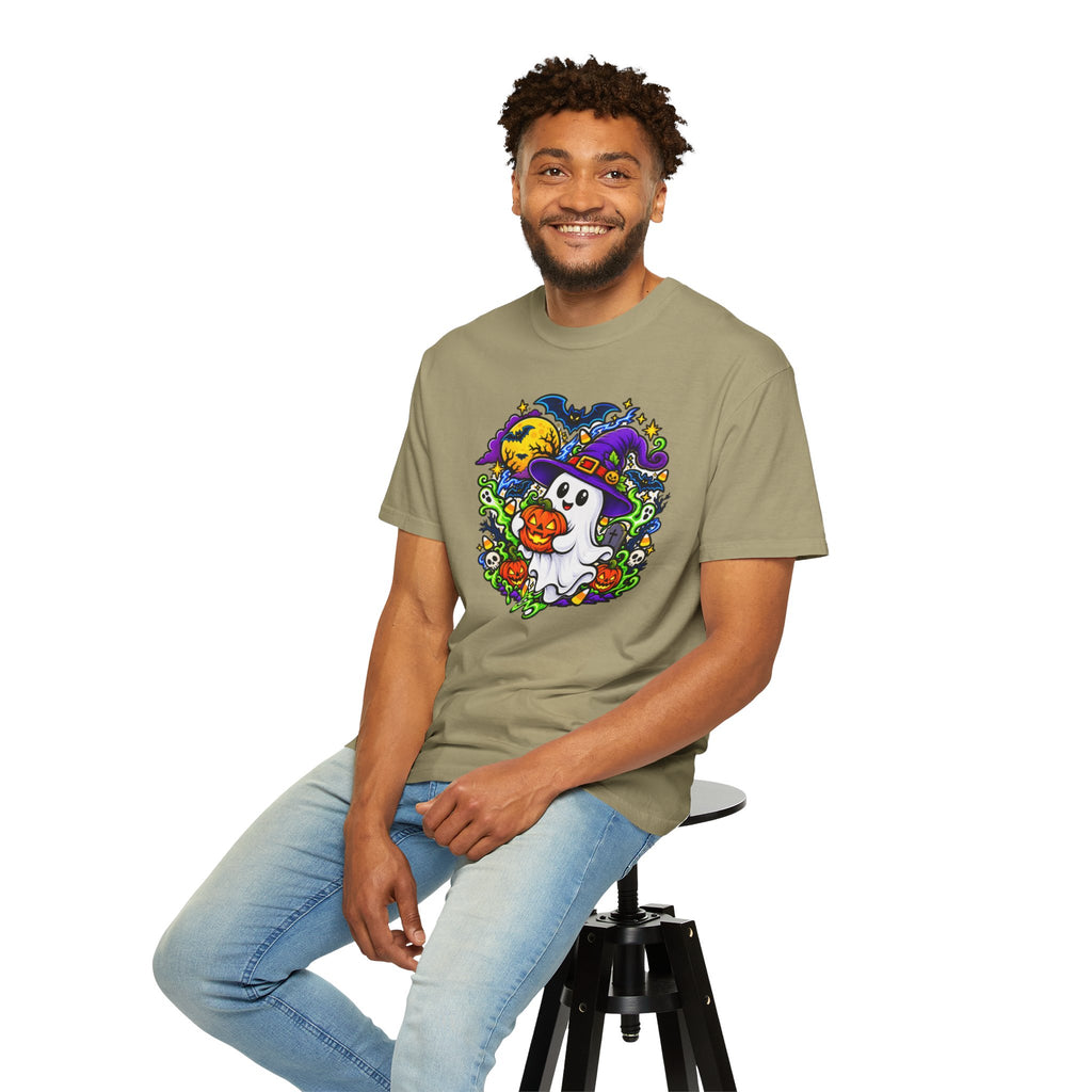 Unisex Halloween Ghost & Pumpkin Tee | Vibrant Spooky Adult Shirt