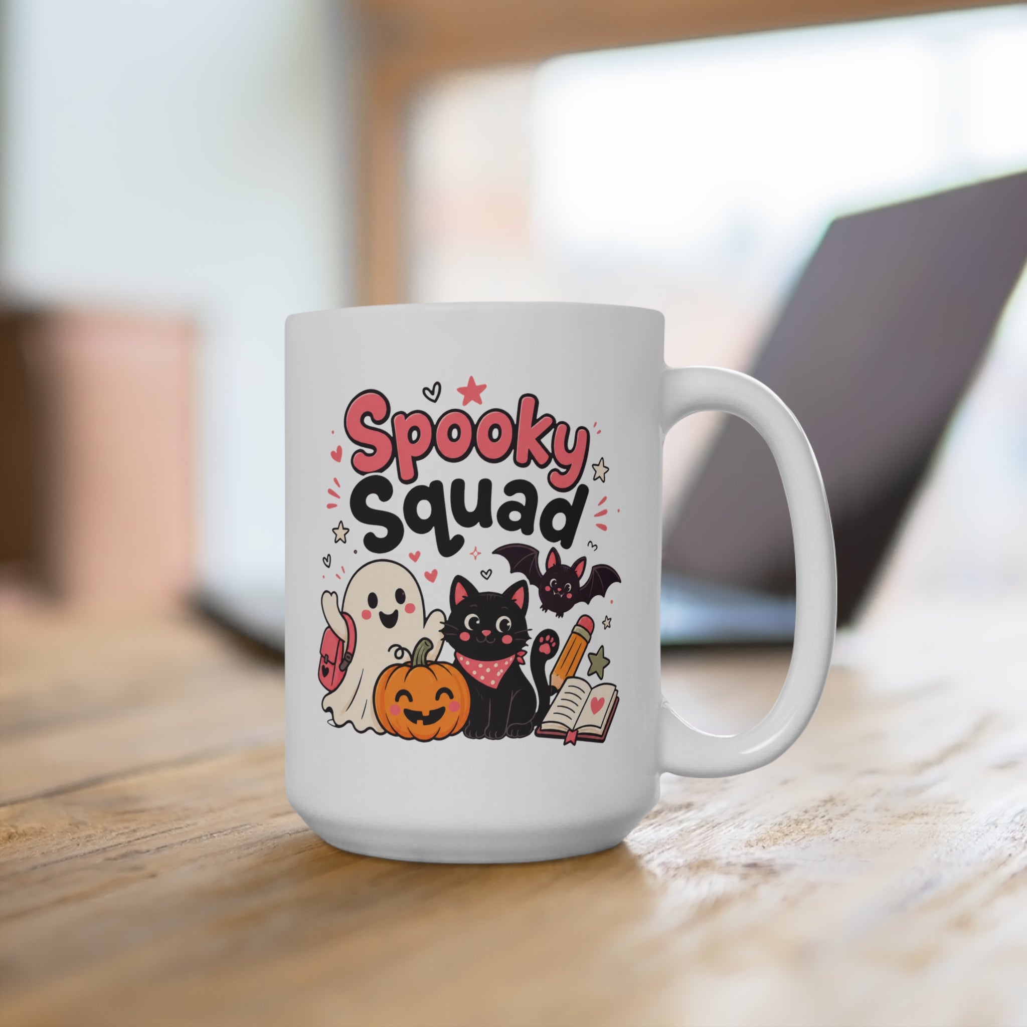 Spooky Squad Halloween Mug - Cute Halloween Coffee Cup - Black Cat, Ghost, Pumpkin and Bat Gift for Kids, Teens and Fall Lovers