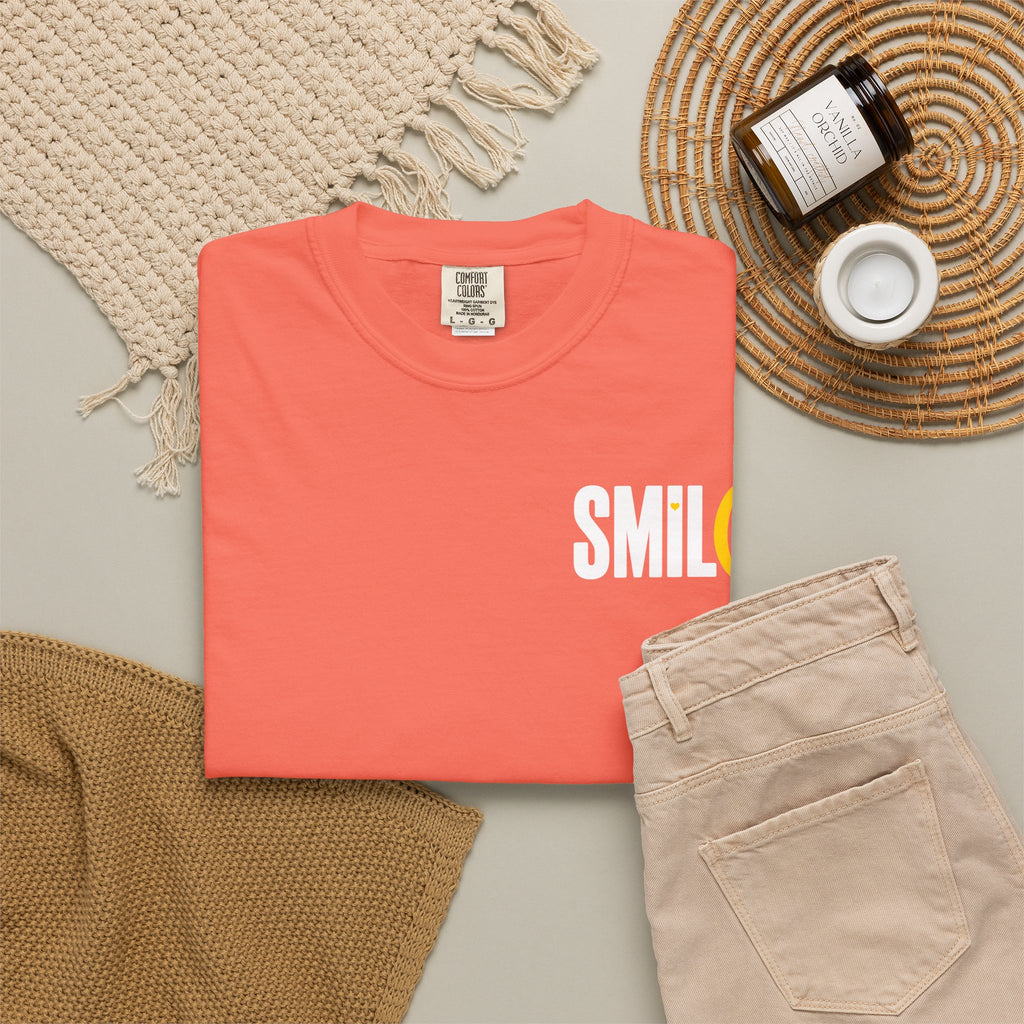 SMIL(: IT’S FREE. White & Yellow Front-and-Back Garment-Dyed Tee
