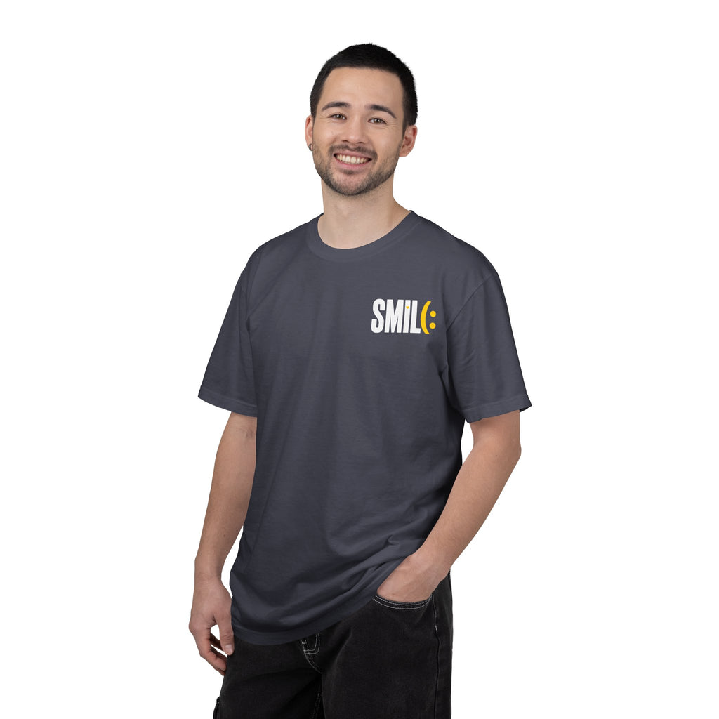 SMIL(: IT’S FREE. White & Yellow Front-and-Back Garment-Dyed Tee