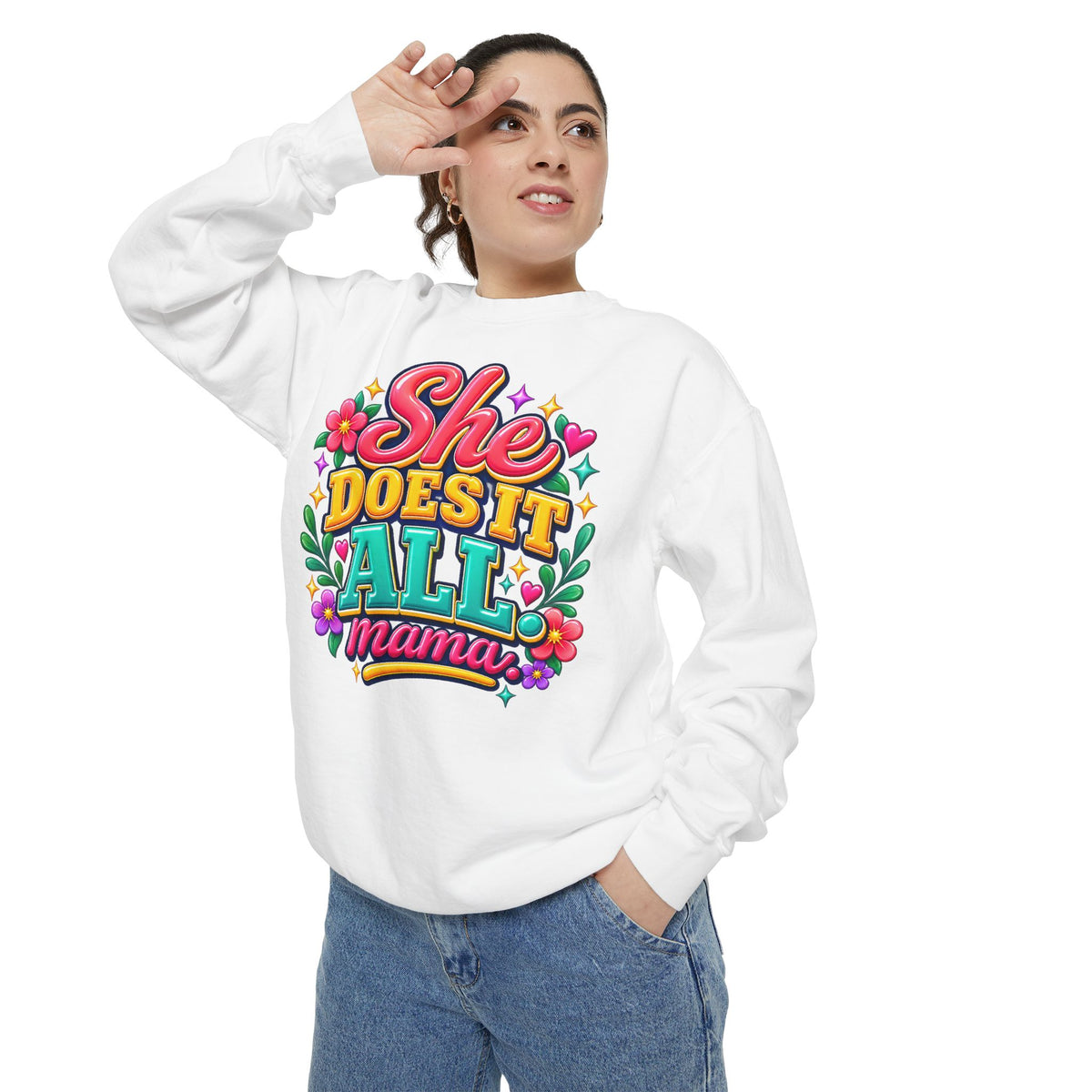 She Does It All Mama Sweatshirt — Floral Mom Appreciation Crewneck