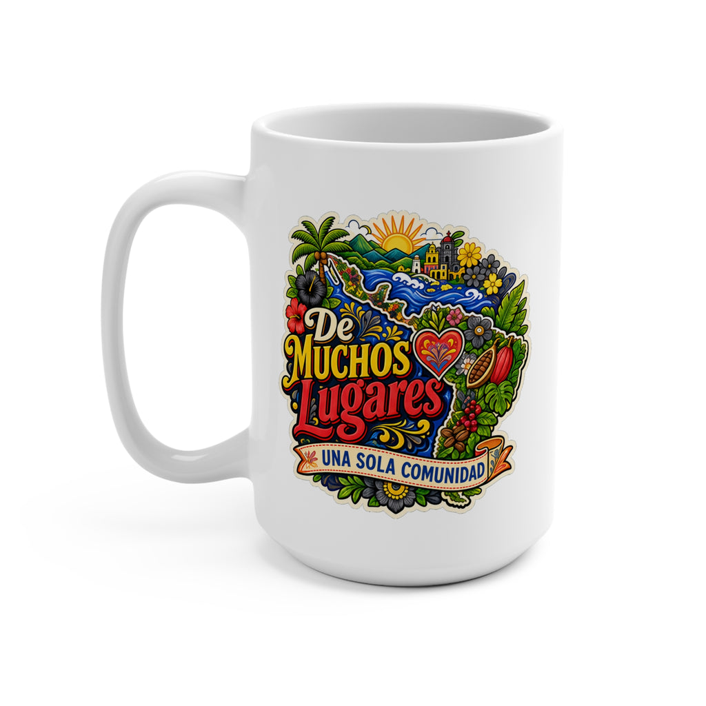 De Muchos Lugares Mug - Una Sola Comunidad Coffee Cup - Latino Heritage Gift for Hispanic Families, Immigrants and Culture Lovers