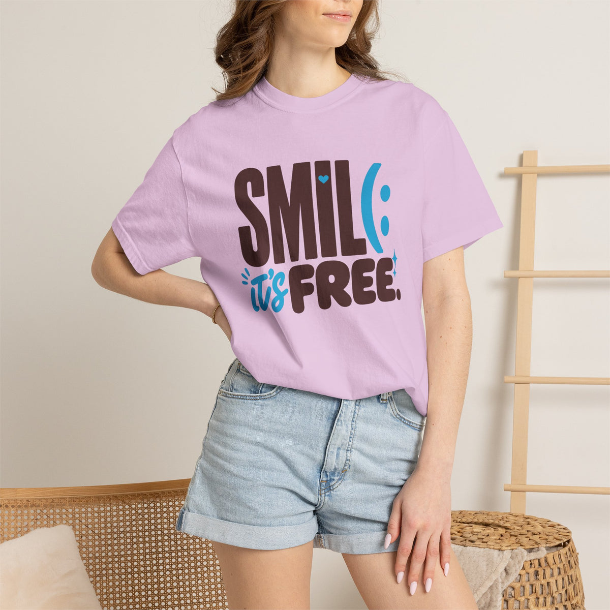 SMIL(: IT’S FREE. Brown & Bright Blue Garment-Dyed Graphic Tee