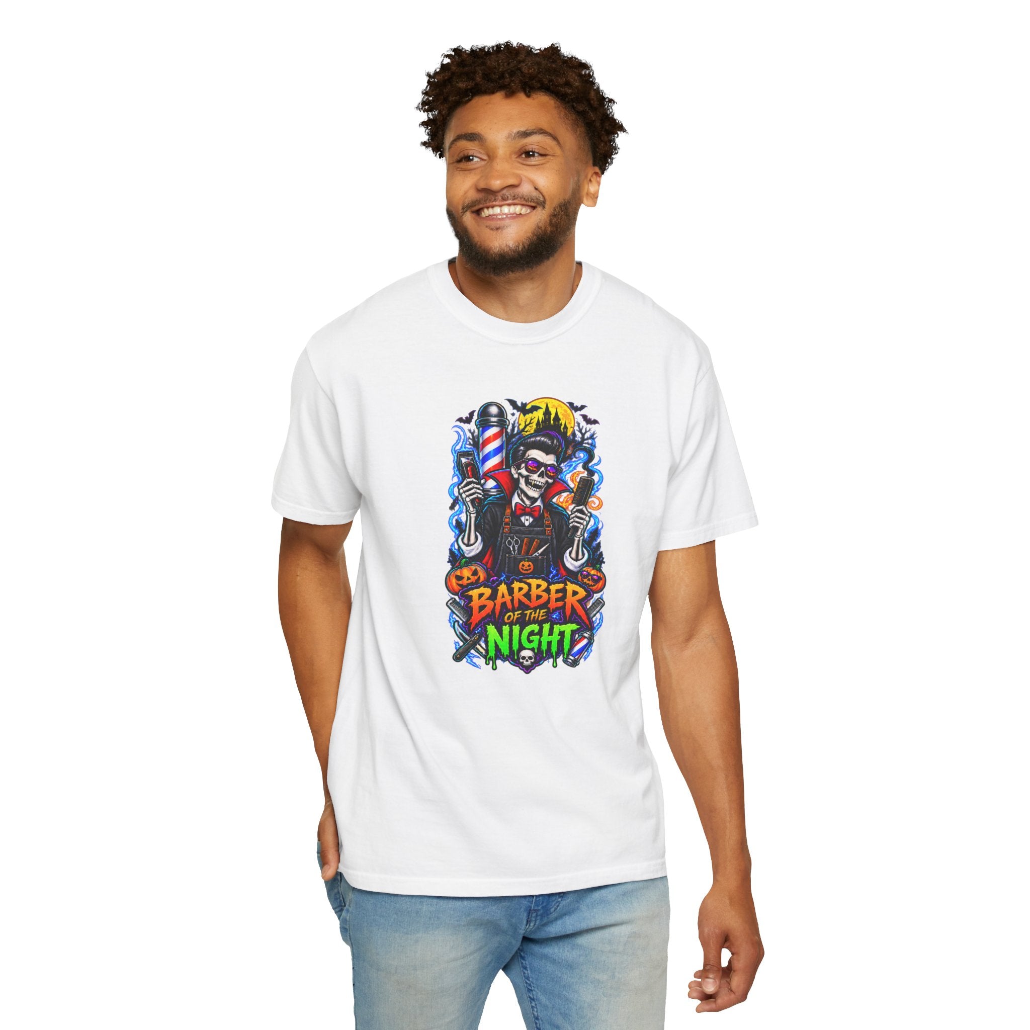 Barber of the Night Halloween Tee – Adult Unisex Barbershop Shirt