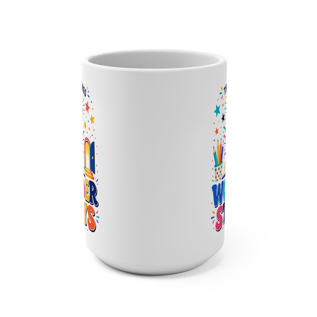 The Bell Rings Wonder Stays Mug - Inspirational Teacher Coffee Cup - Colorful Classroom and Teacher Appreciation Gift