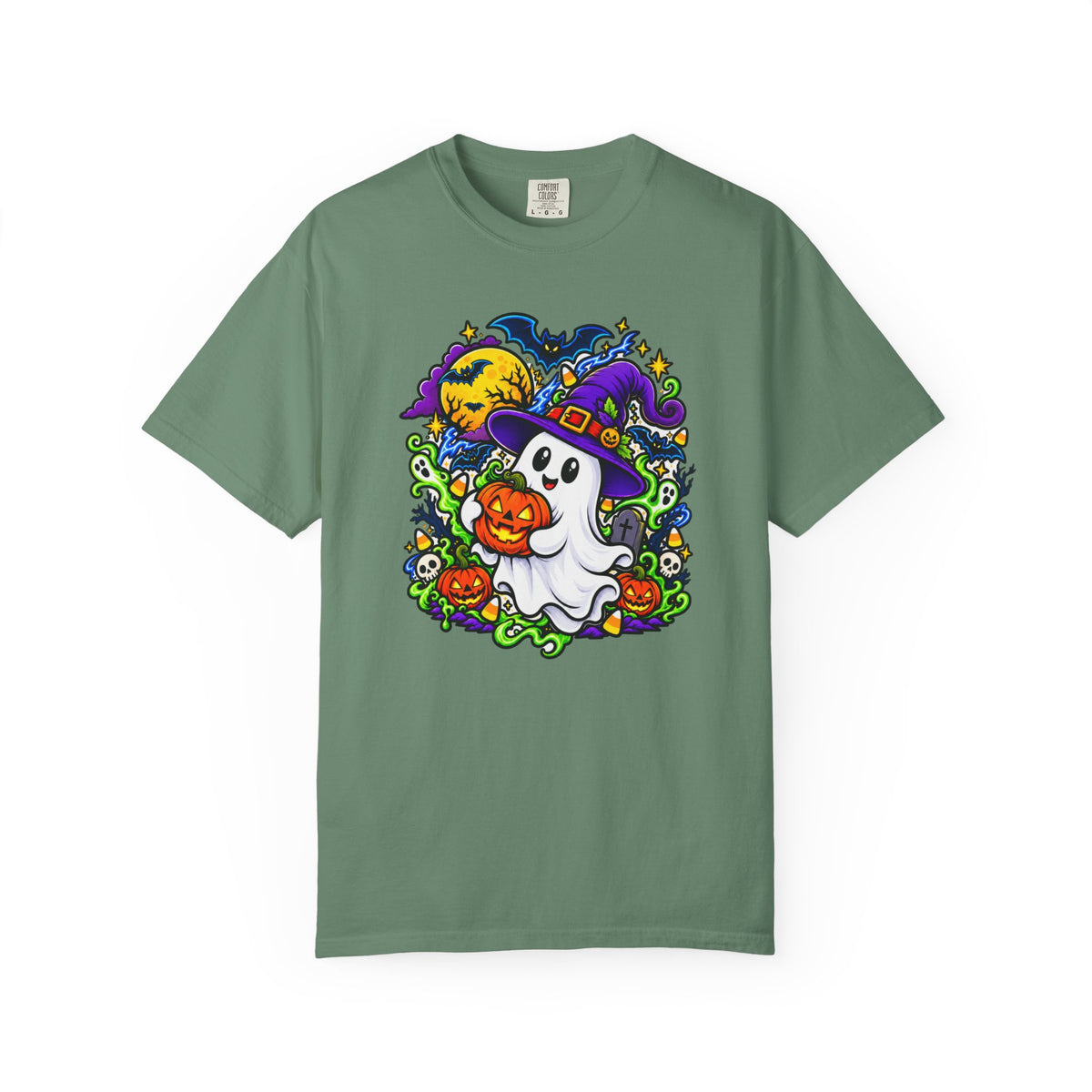 Unisex Halloween Ghost & Pumpkin Tee | Vibrant Spooky Adult Shirt