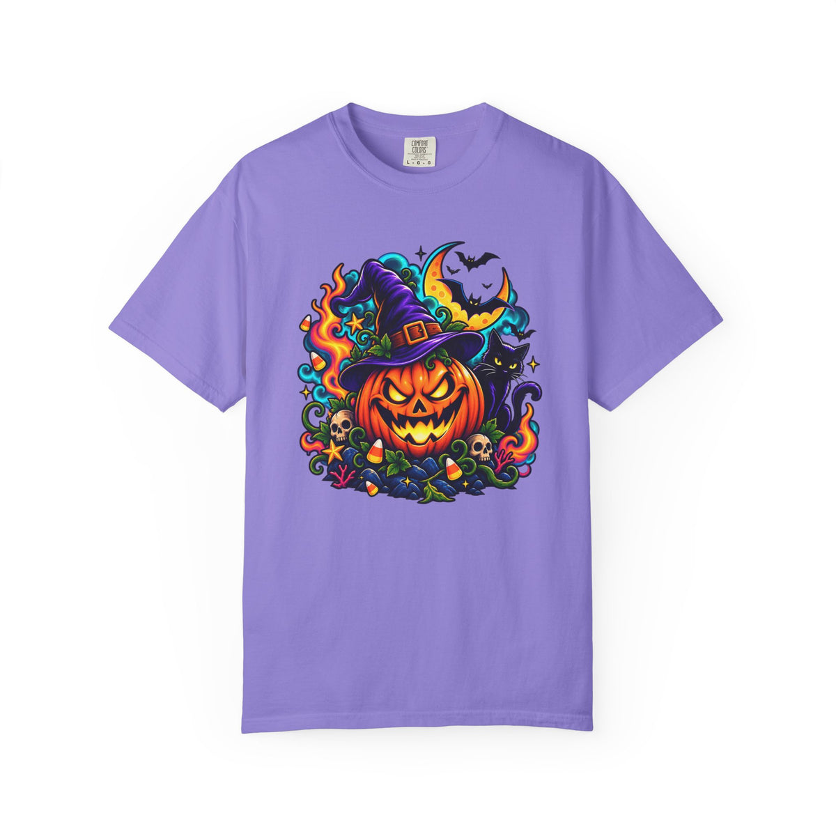 Unisex Halloween Pumpkin & Black Cat T-Shirt | Colorful Spooky Adult Tee