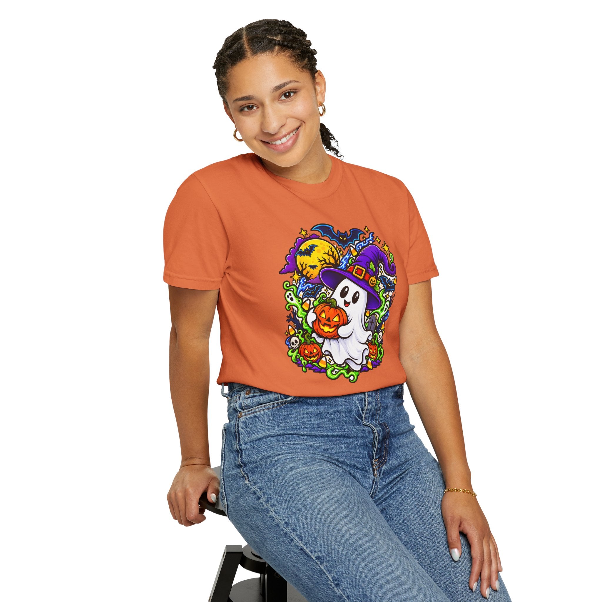 Unisex Halloween Ghost & Pumpkin Tee | Vibrant Spooky Adult Shirt