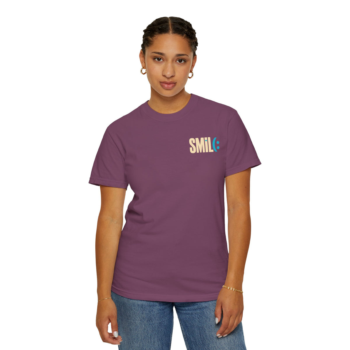 SMIL(: IT’S FREE. Charcoal & Plum Front-and-Back Tee