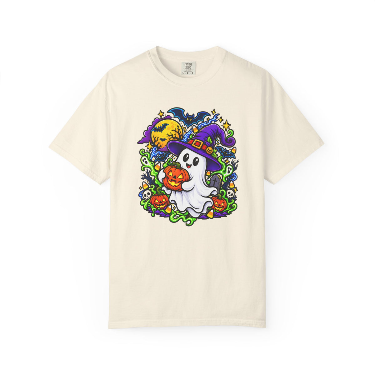 Unisex Halloween Ghost & Pumpkin Tee | Vibrant Spooky Adult Shirt