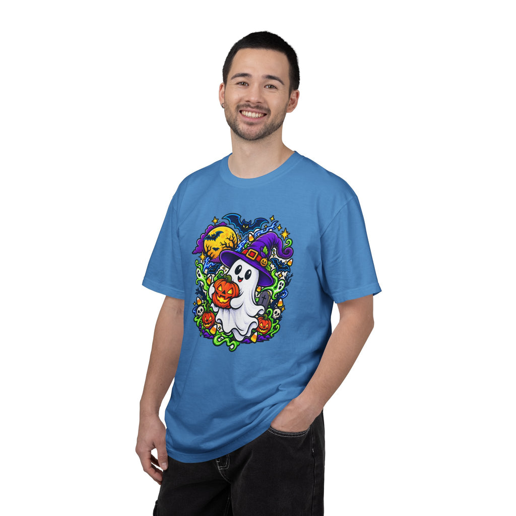 Unisex Halloween Ghost & Pumpkin Tee | Vibrant Spooky Adult Shirt