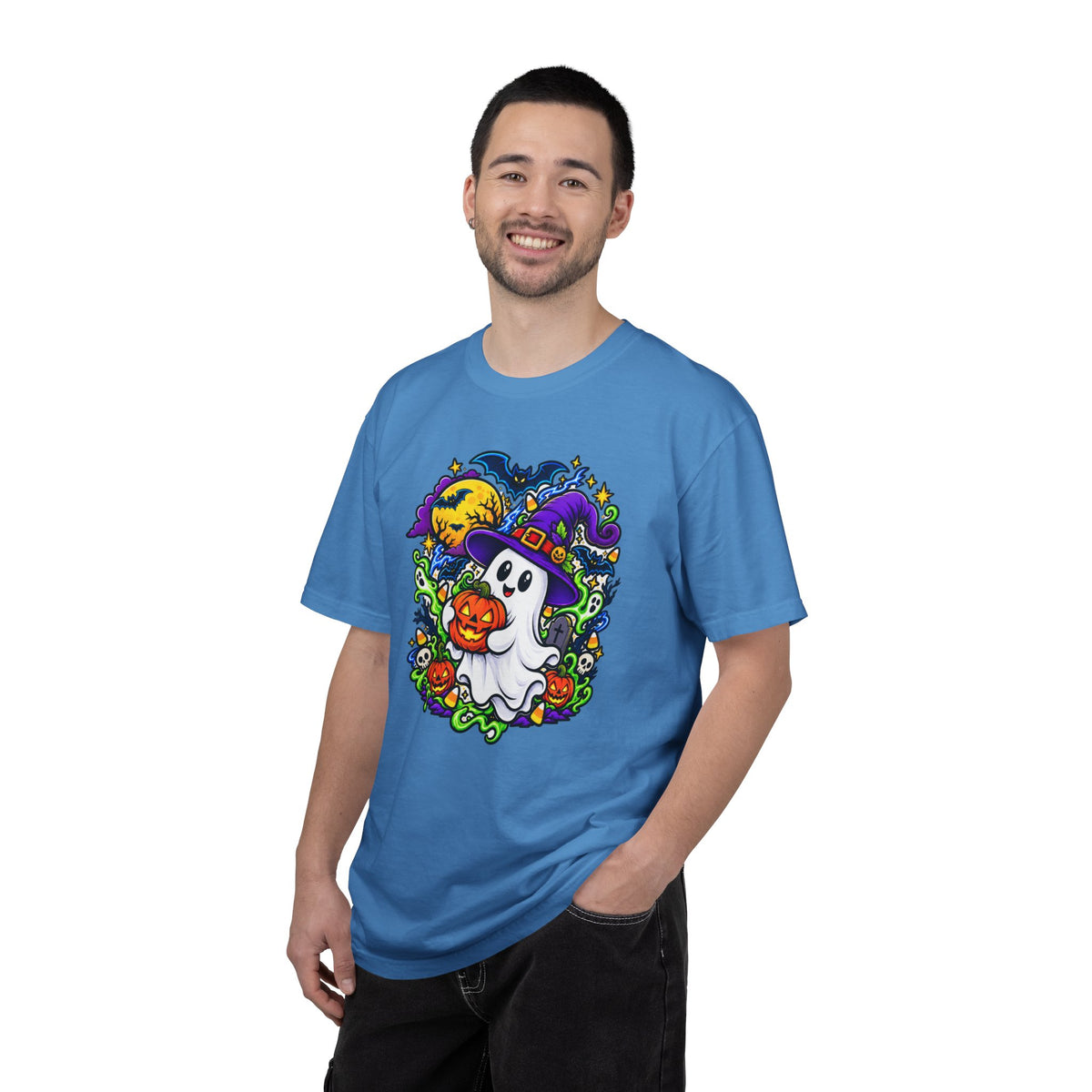 Unisex Halloween Ghost & Pumpkin Tee | Vibrant Spooky Adult Shirt