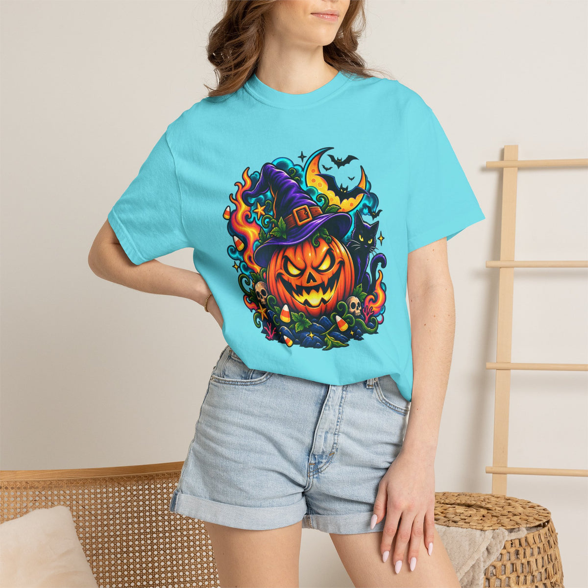 Unisex Halloween Pumpkin & Black Cat T-Shirt | Colorful Spooky Adult Tee