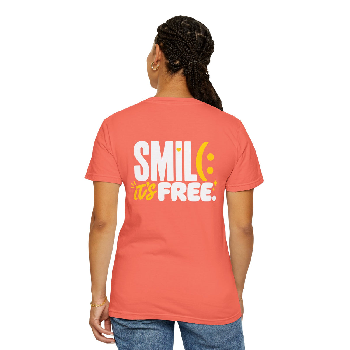 SMIL(: IT’S FREE. White & Yellow Front-and-Back Garment-Dyed Tee