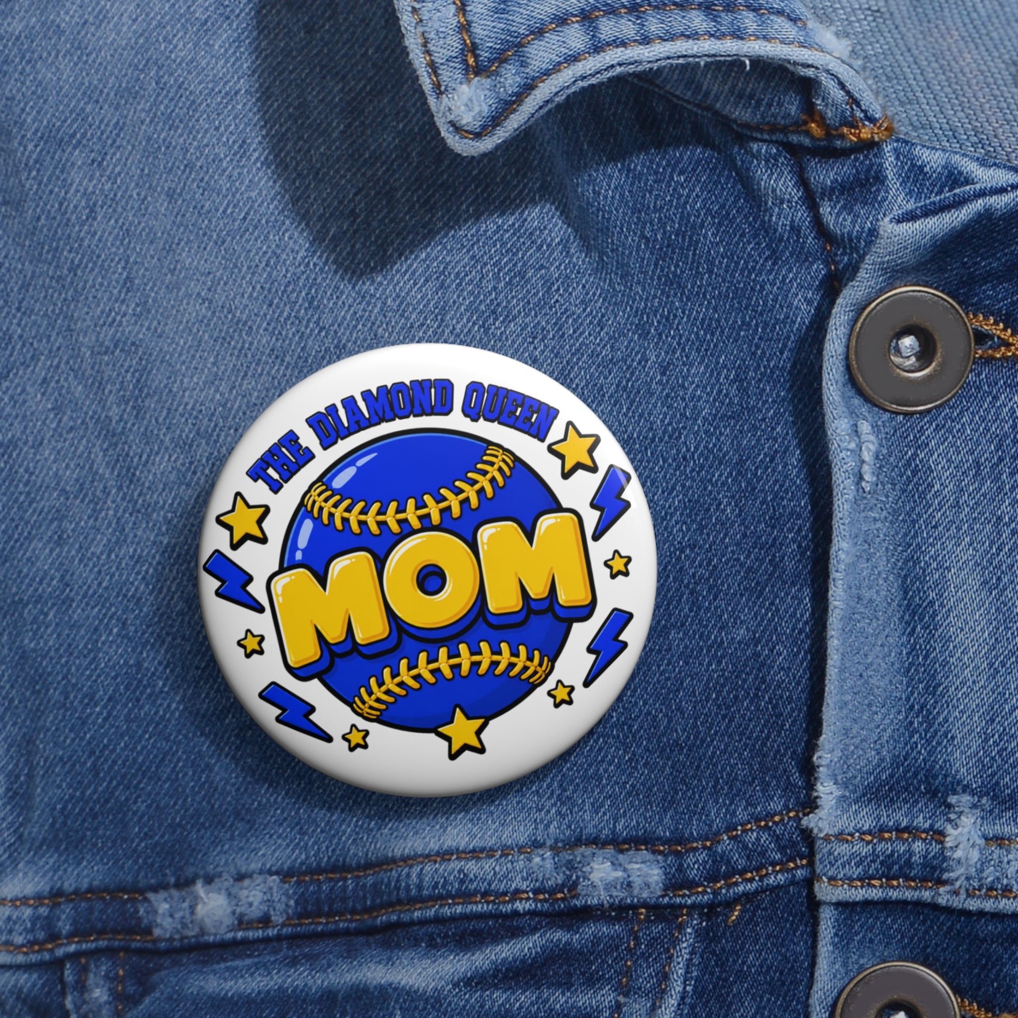 "MOM Softball" — "The Diamond Queen" Baseball Button Badge
