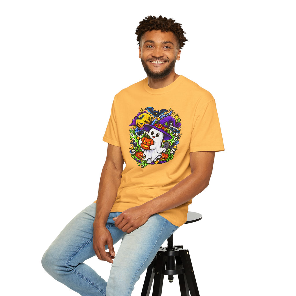 Unisex Halloween Ghost & Pumpkin Tee | Vibrant Spooky Adult Shirt