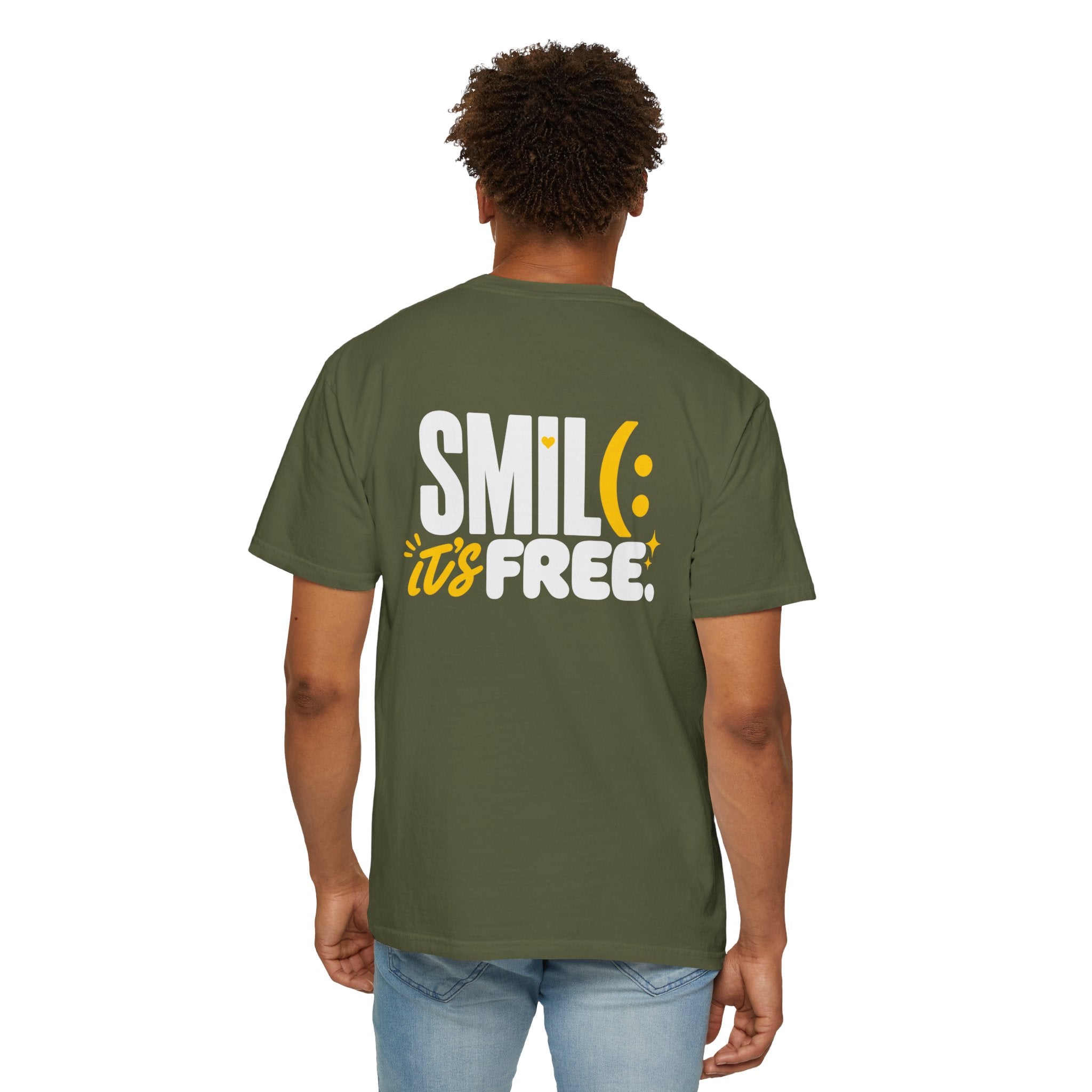 SMIL(: IT’S FREE. White & Yellow Front-and-Back Garment-Dyed Tee