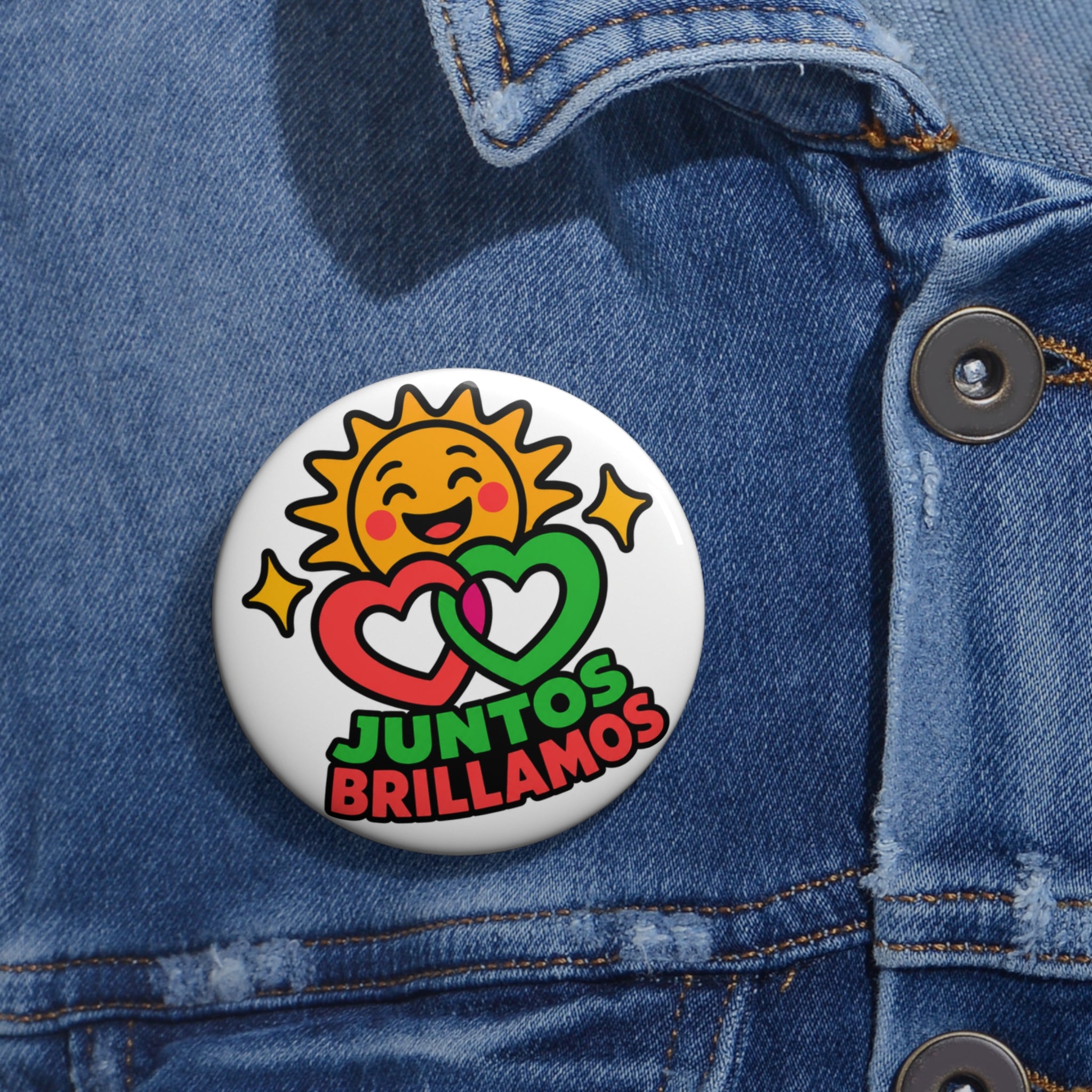 Juntos Brillamos Button Pin – Together We Shine Sun and Hearts Badge