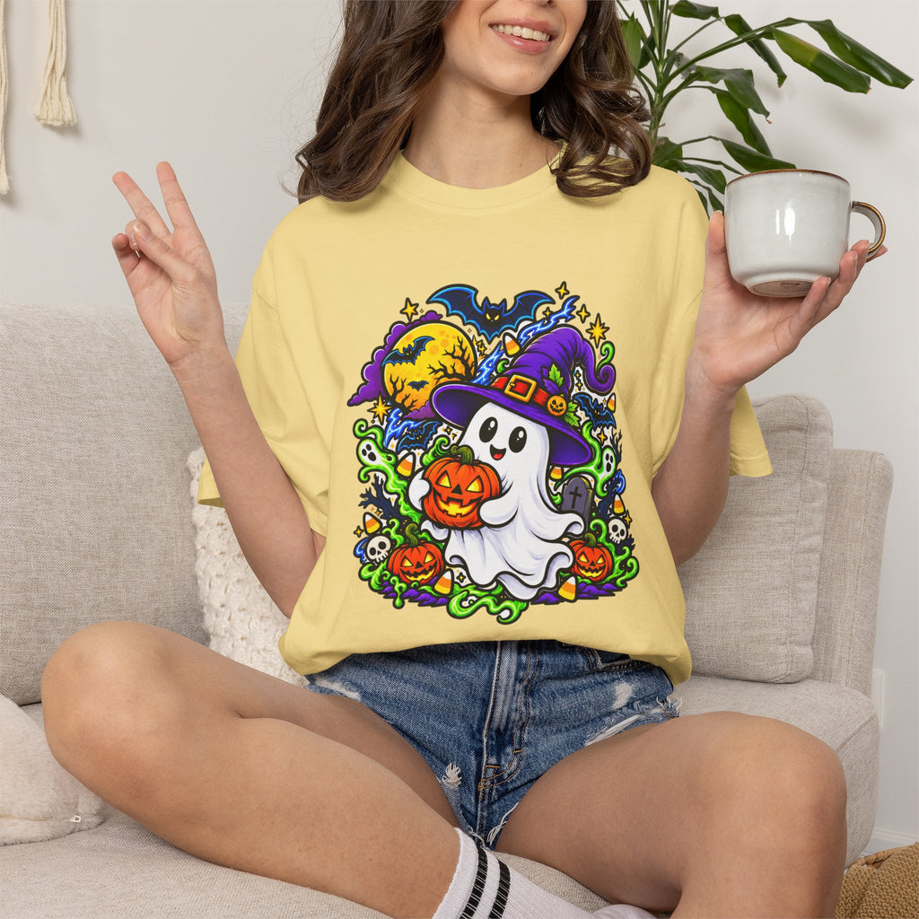 Unisex Halloween Ghost & Pumpkin Tee | Vibrant Spooky Adult Shirt