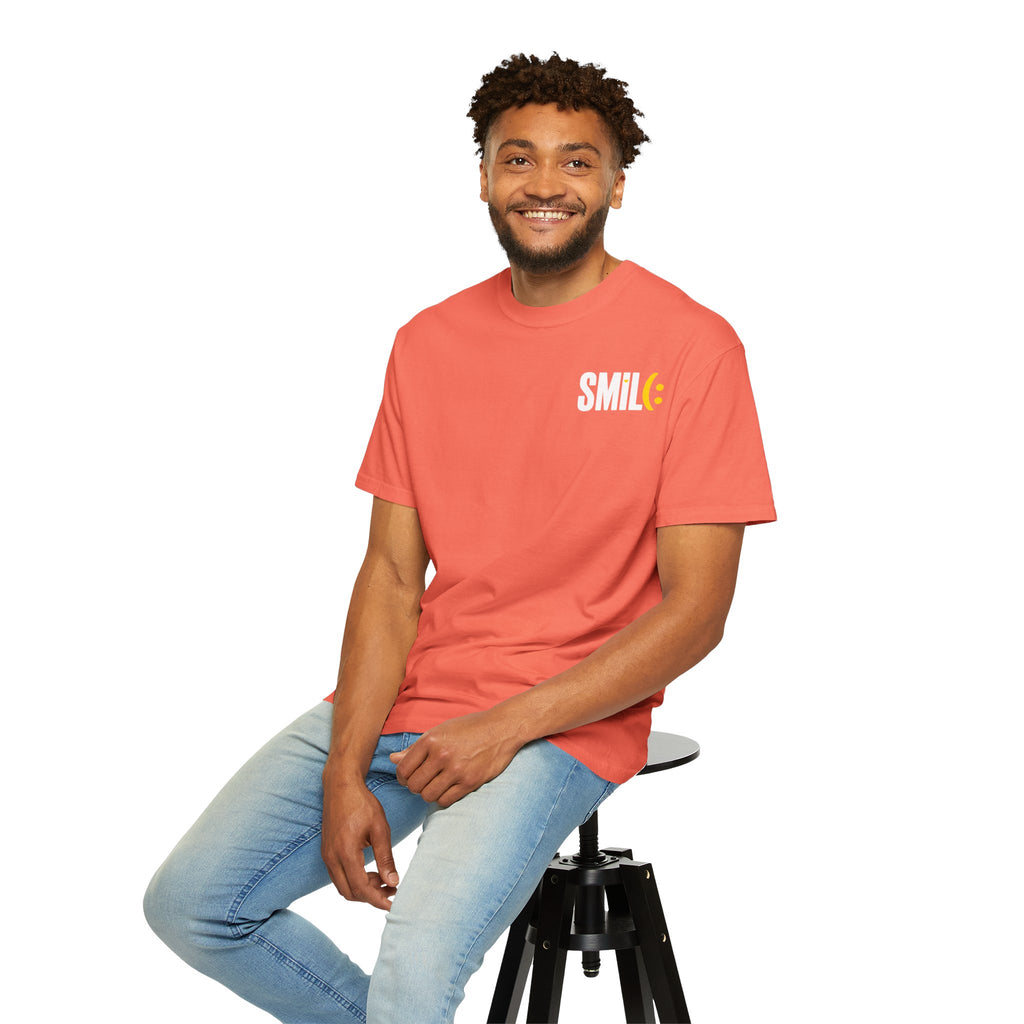 SMIL(: IT’S FREE. White & Yellow Front-and-Back Garment-Dyed Tee