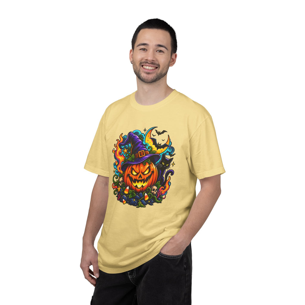 Unisex Halloween Pumpkin & Black Cat T-Shirt | Colorful Spooky Adult Tee