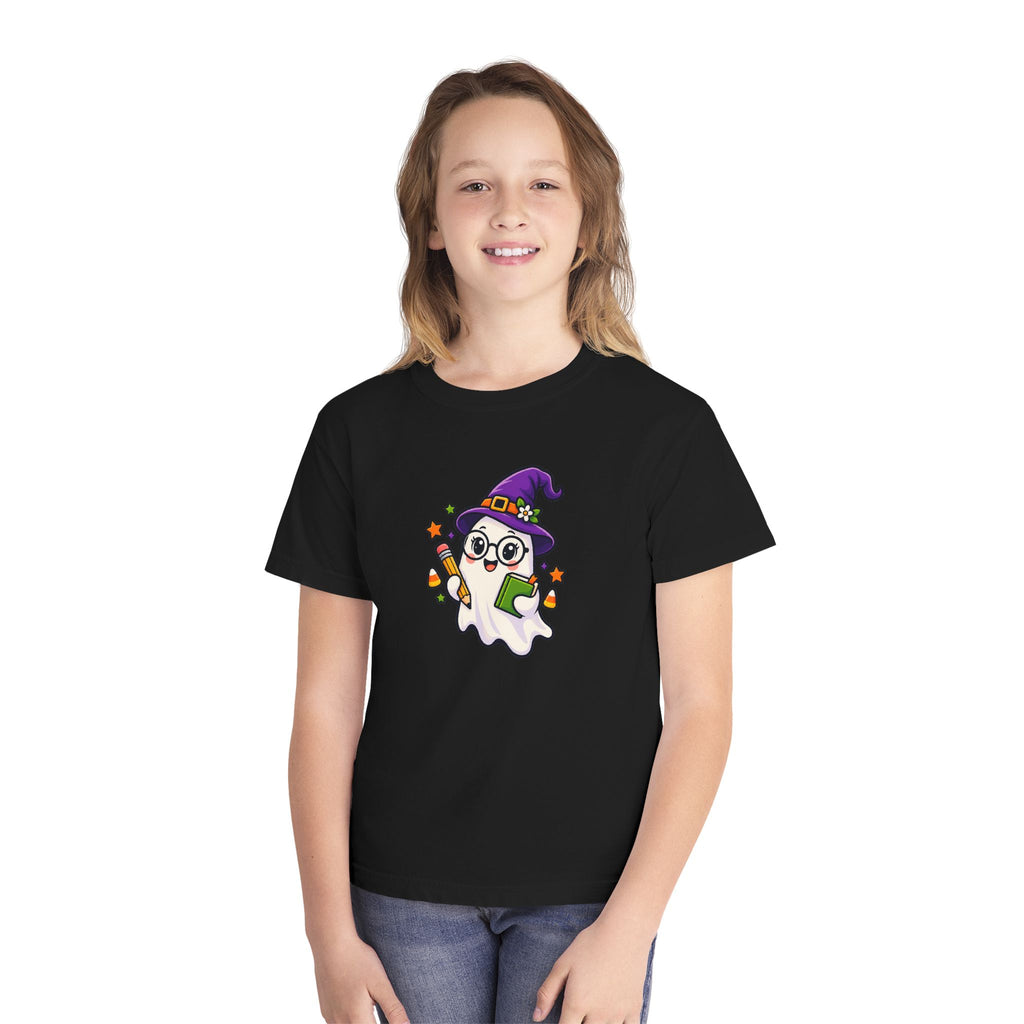 Kids Halloween Ghost Tee — Cute Witch Hat Ghost with Candy Corn & Trick-or-Treat Book