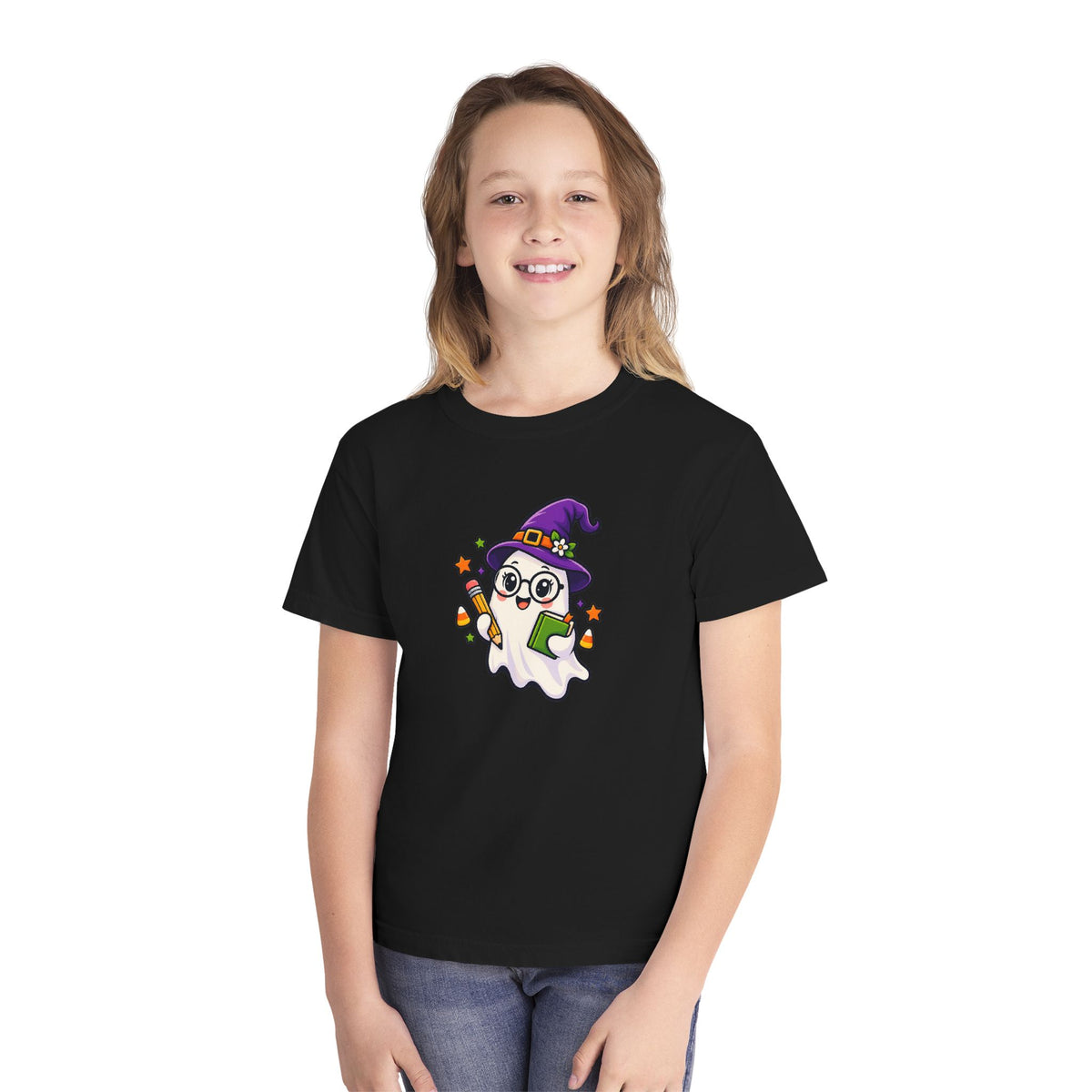 Kids Halloween Ghost Tee — Cute Witch Hat Ghost with Candy Corn & Trick-or-Treat Book