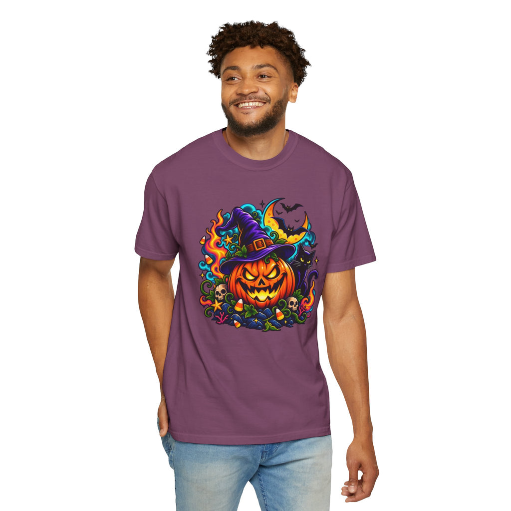 Unisex Halloween Pumpkin & Black Cat T-Shirt | Colorful Spooky Adult Tee