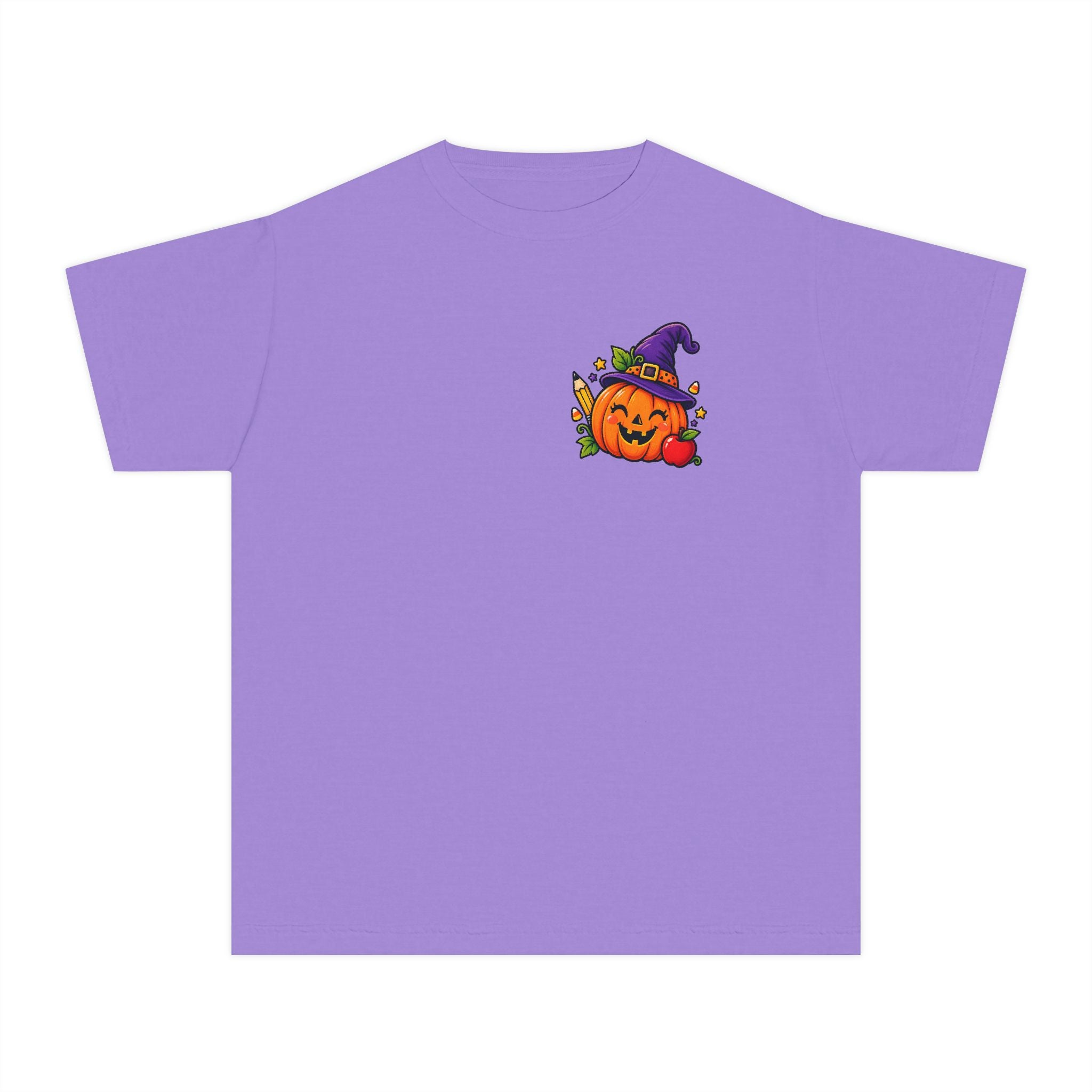 Kids Halloween Pumpkin Witch Hat Tee — Cute Jack-O'-Lantern with Apple & Pencils