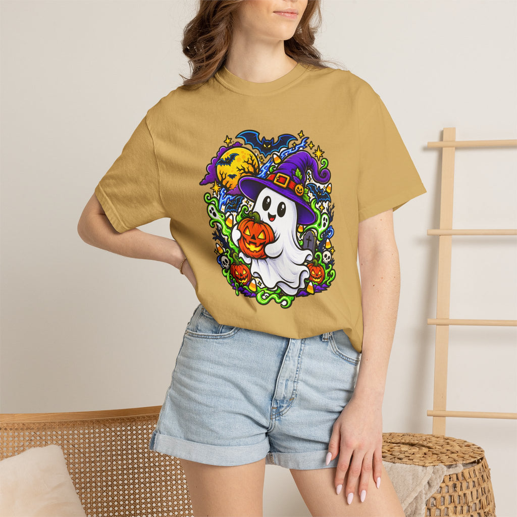 Unisex Halloween Ghost & Pumpkin Tee | Vibrant Spooky Adult Shirt