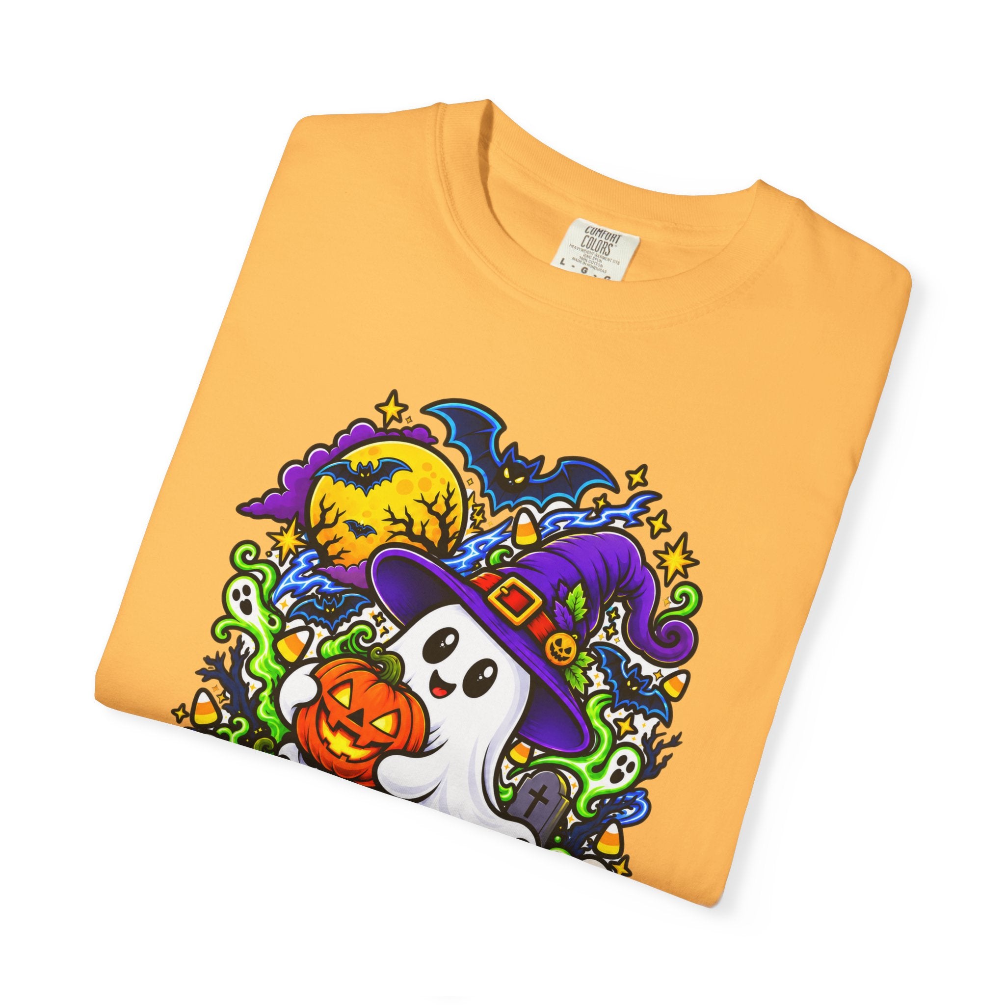 Unisex Halloween Ghost & Pumpkin Tee | Vibrant Spooky Adult Shirt