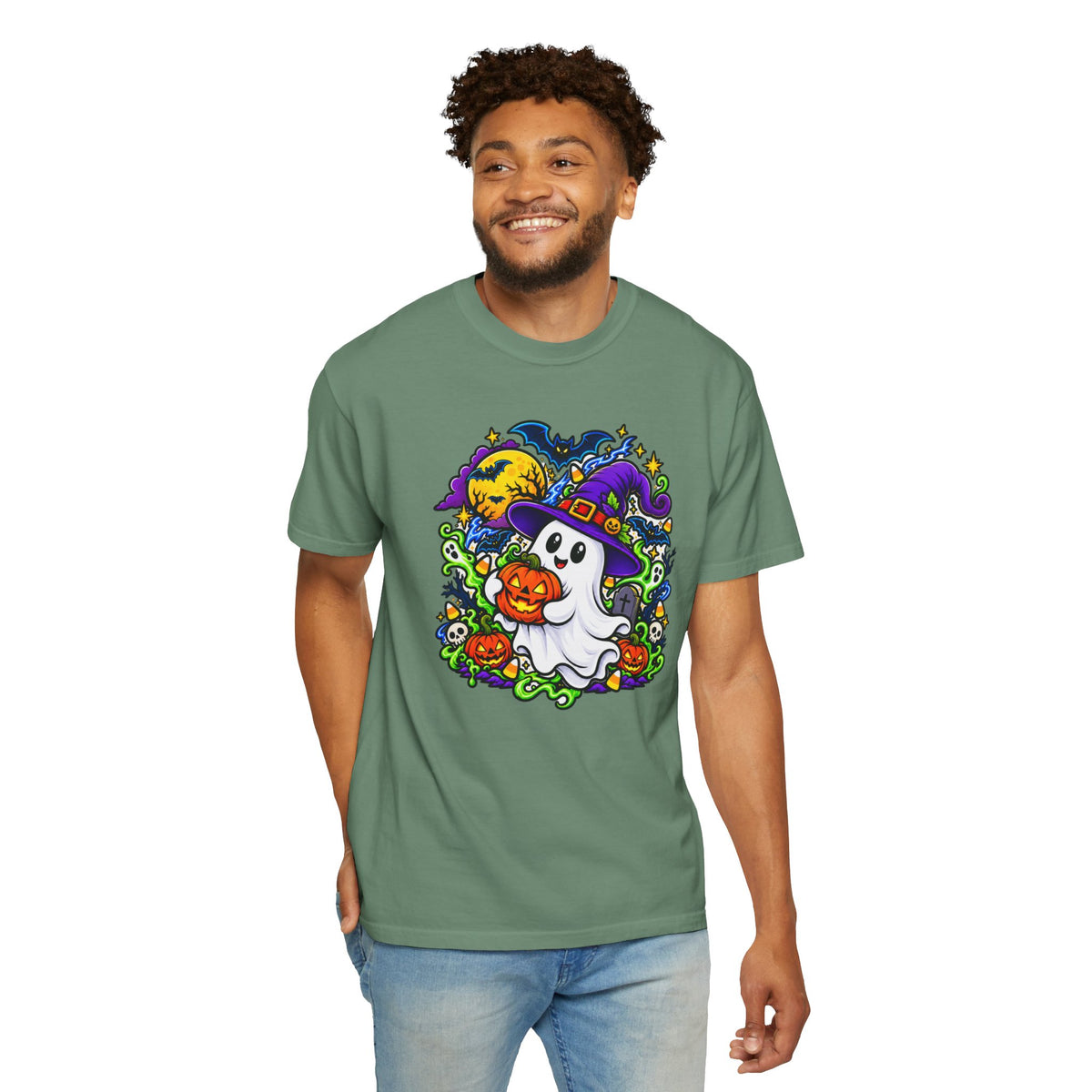 Unisex Halloween Ghost & Pumpkin Tee | Vibrant Spooky Adult Shirt